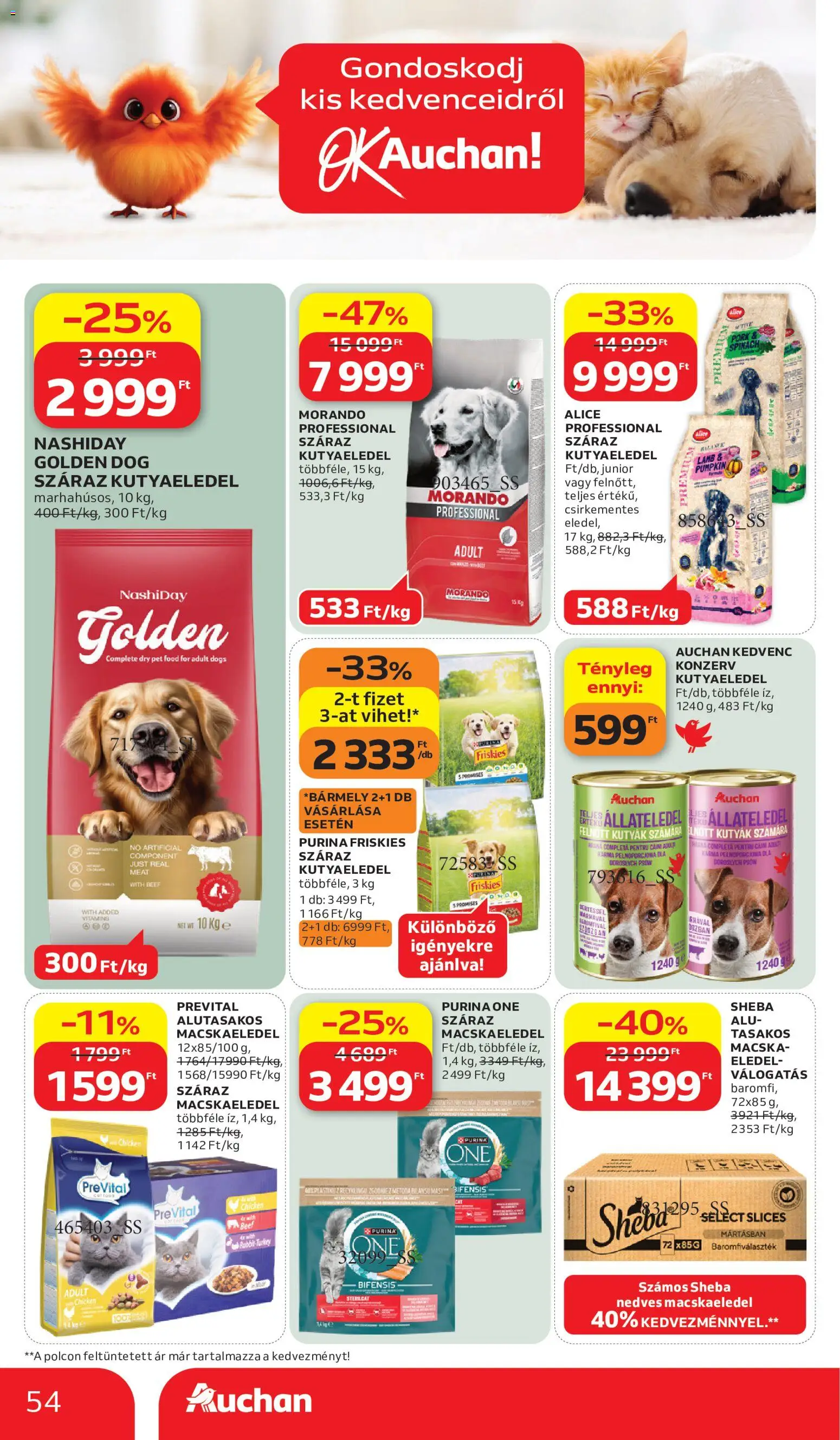 Auchan akciós ujság - amely érvényes a következő dátumtól: 2026.07.02. | Oldal: 54 | Termékek: Macskaeledel, Kutyaeledel, Purina one