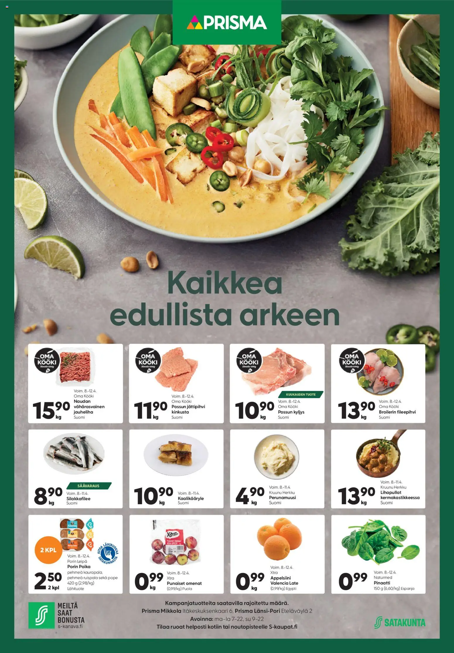 Prisma tarjoukset – voimassa 08.04.2026 alkaen | Sivu: 1 | Tuotteet: Jauheliha, Leipä, Omenat, Pinaatti