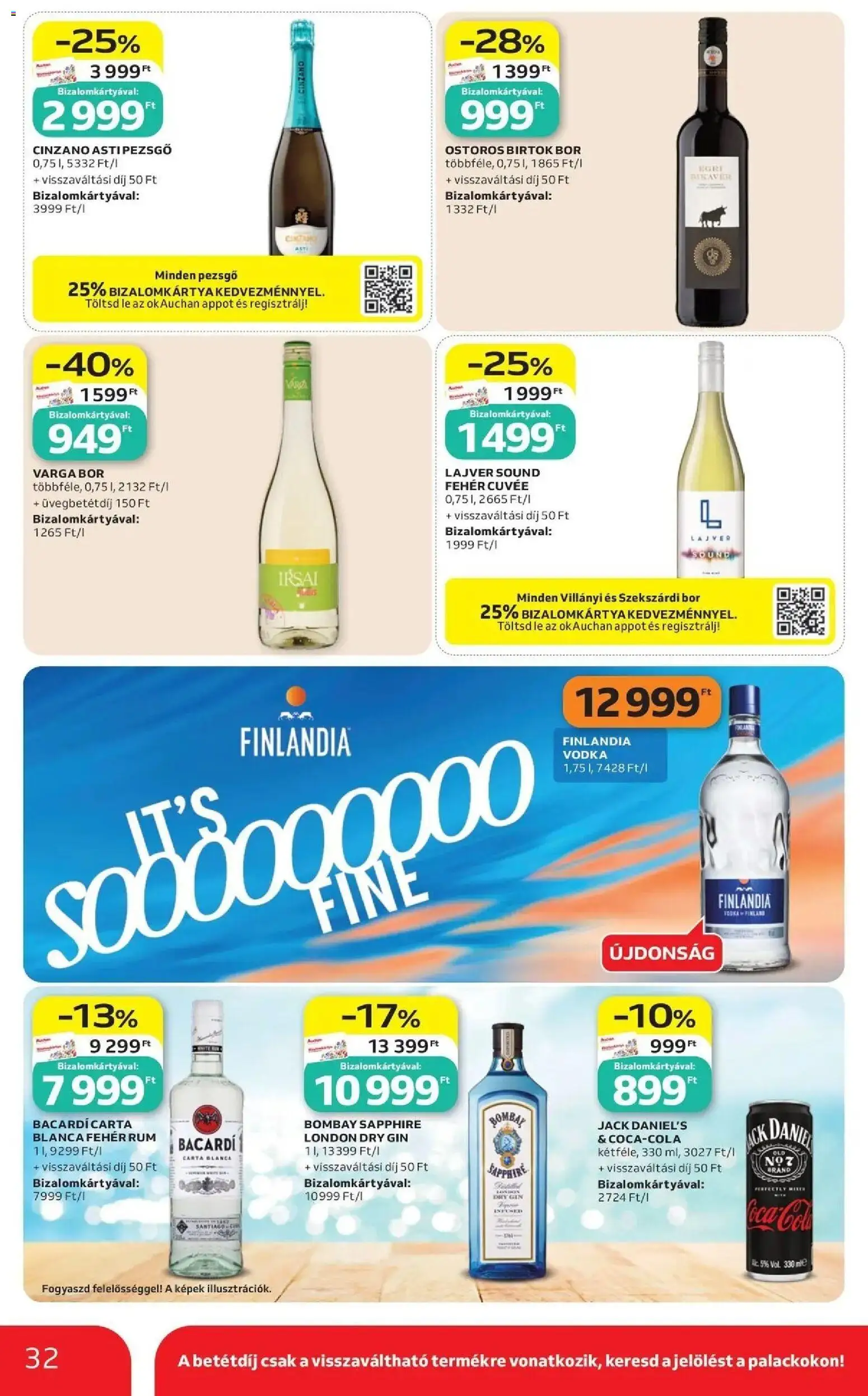 Auchan akciós újság Szolnok - 2026.09.03. -tól/töl > akció, lapozható szórólap 🛍️ | Oldal: 32 | Termékek: Whiskey, Fehér rum, Bombay Sapphire, Finlandia