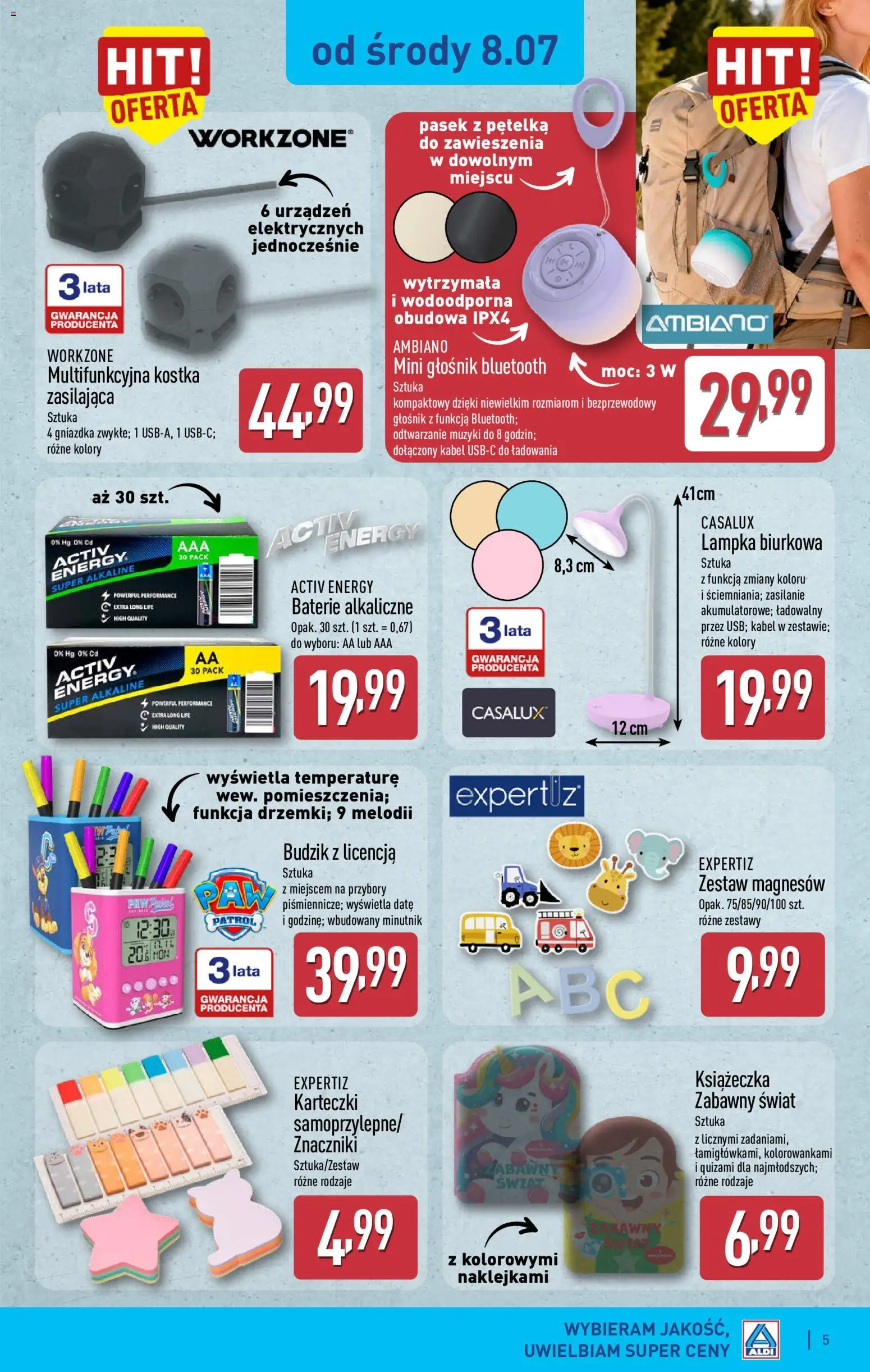 Aldi gazetka - Hity od Środy i od Soboty od 08.07.2026 | Strona: 5 | Produkty: Głośnik, Głośnik bluetooth, Baterie, Lampka biurkowa