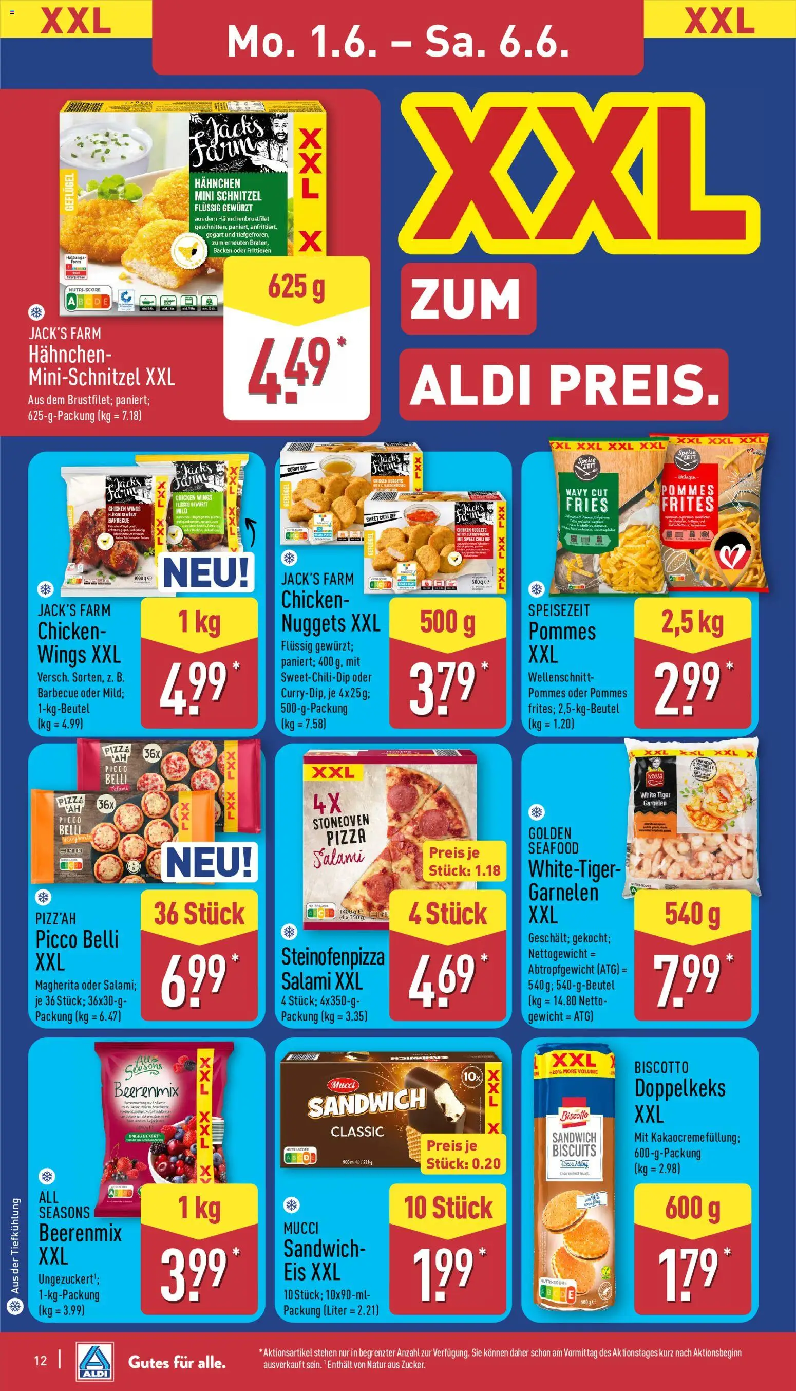 Aldi Prospekt – gültig ab 01.06.2026 | Seite: 12 | Produkte: Chili, Pizza, Tiger garnelen, Eis
