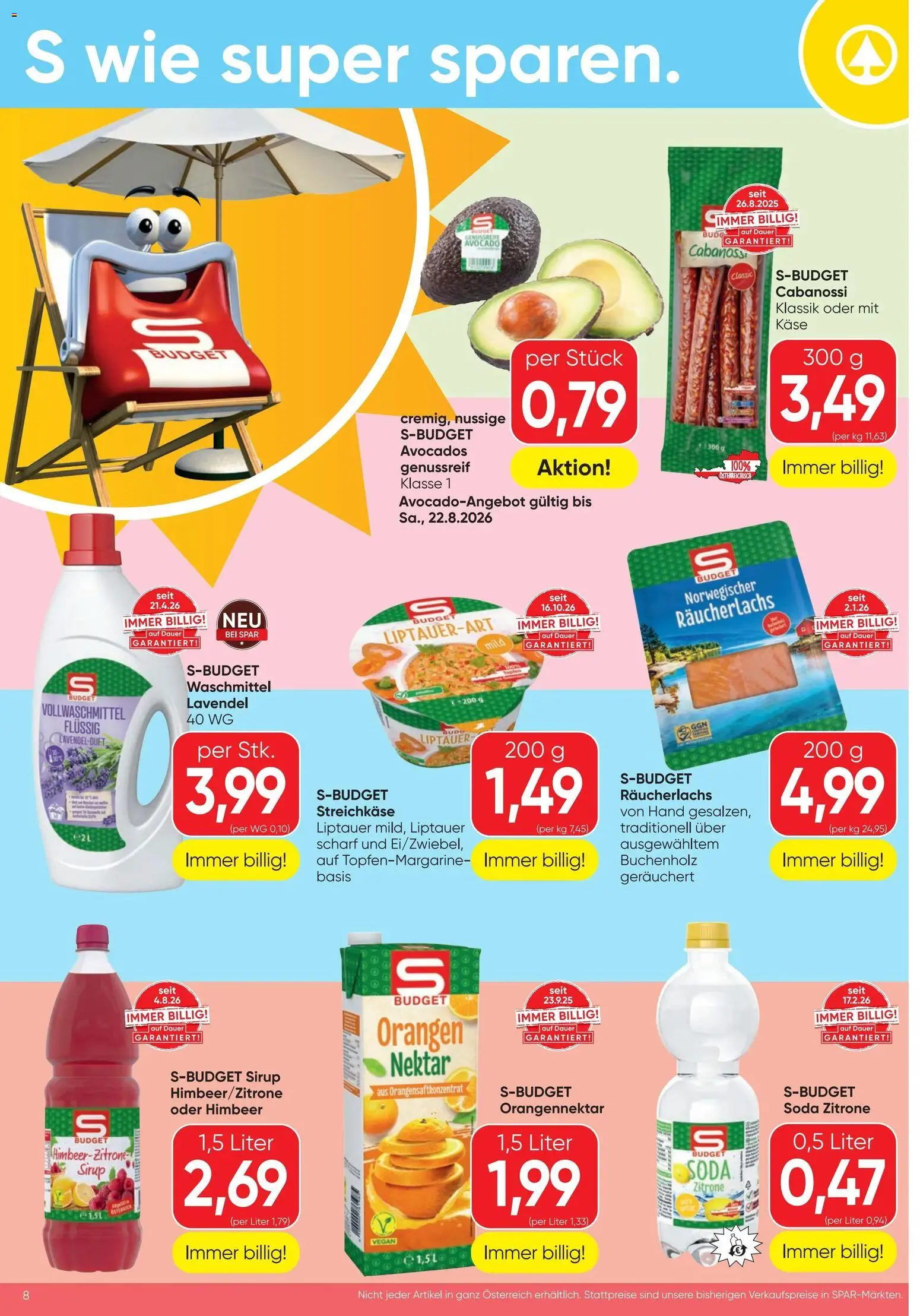 Spar - Flugblatt gültig ab 20.08.2026 | Seite: 8 | Produkte: Avocado, Käse, Orangen, Waschmittel