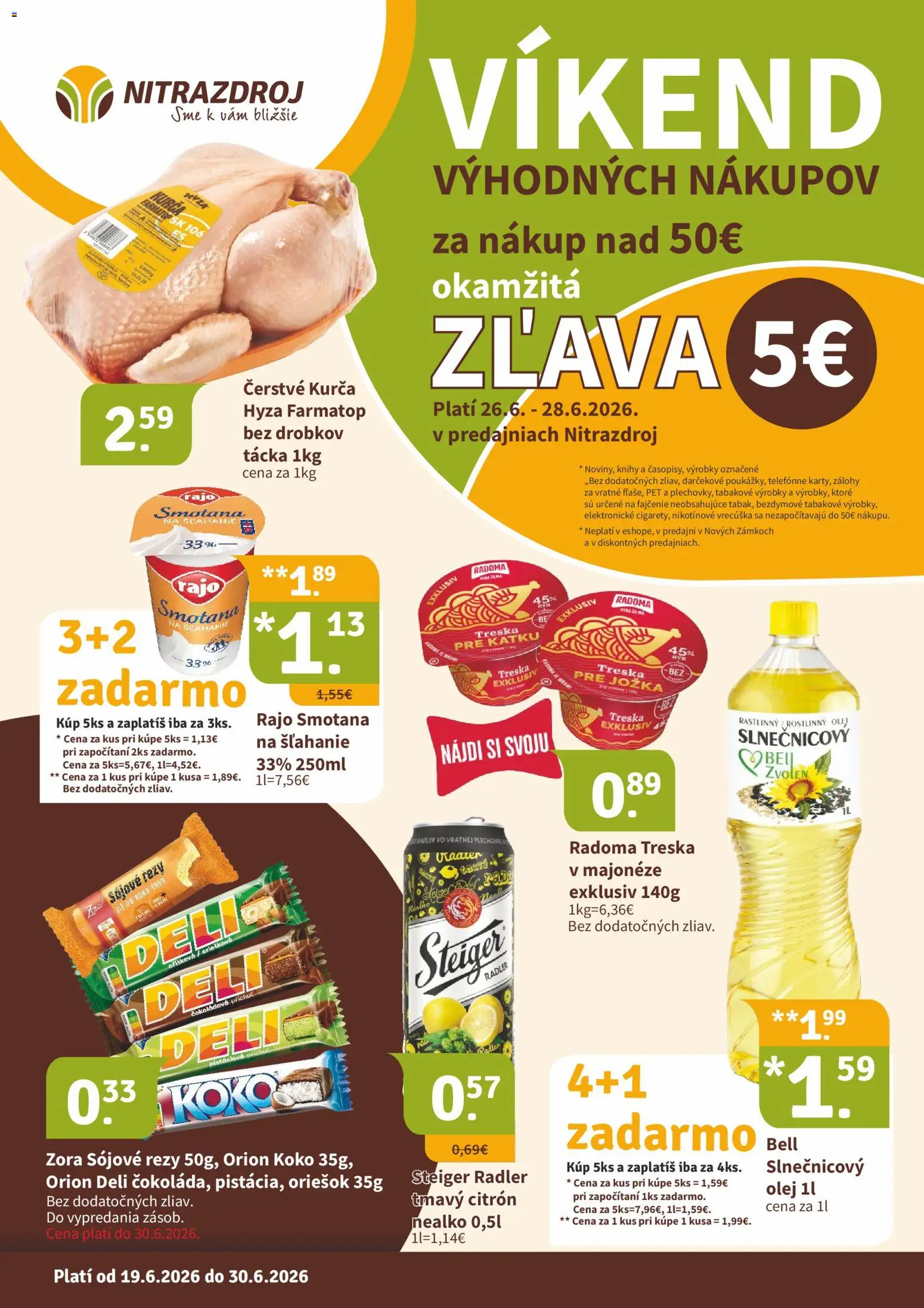 Nové Nitrazdroj akcie – leták je platný od 19.06.2026 | Strana: 1 | Produkty: Smotana, Steiger, Kurča, Treska