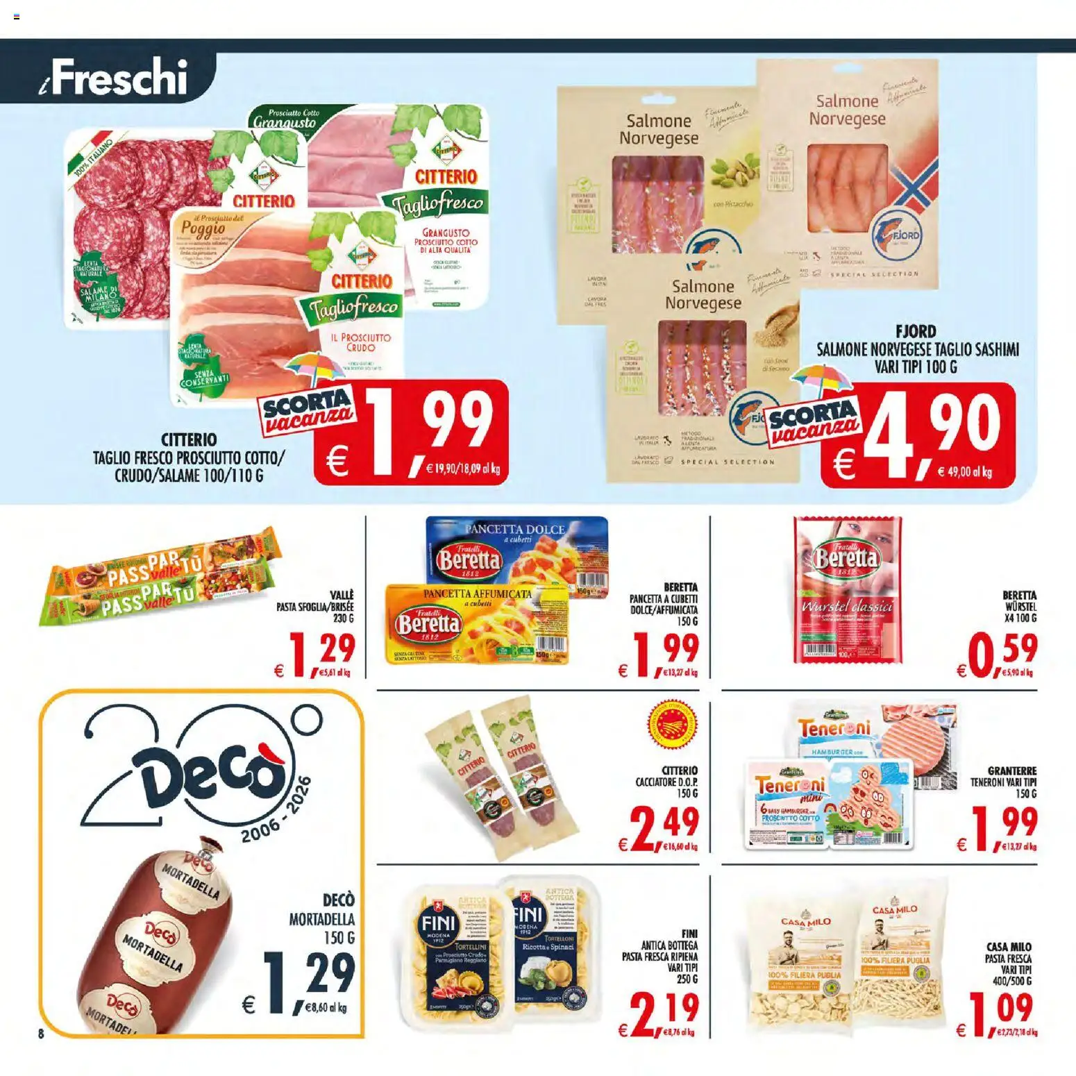 Volantino Decò del 21/07/2026 | Pagina: 8 | Prodotti: Salmone, Pancetta, Parmigiano reggiano, Hamburger