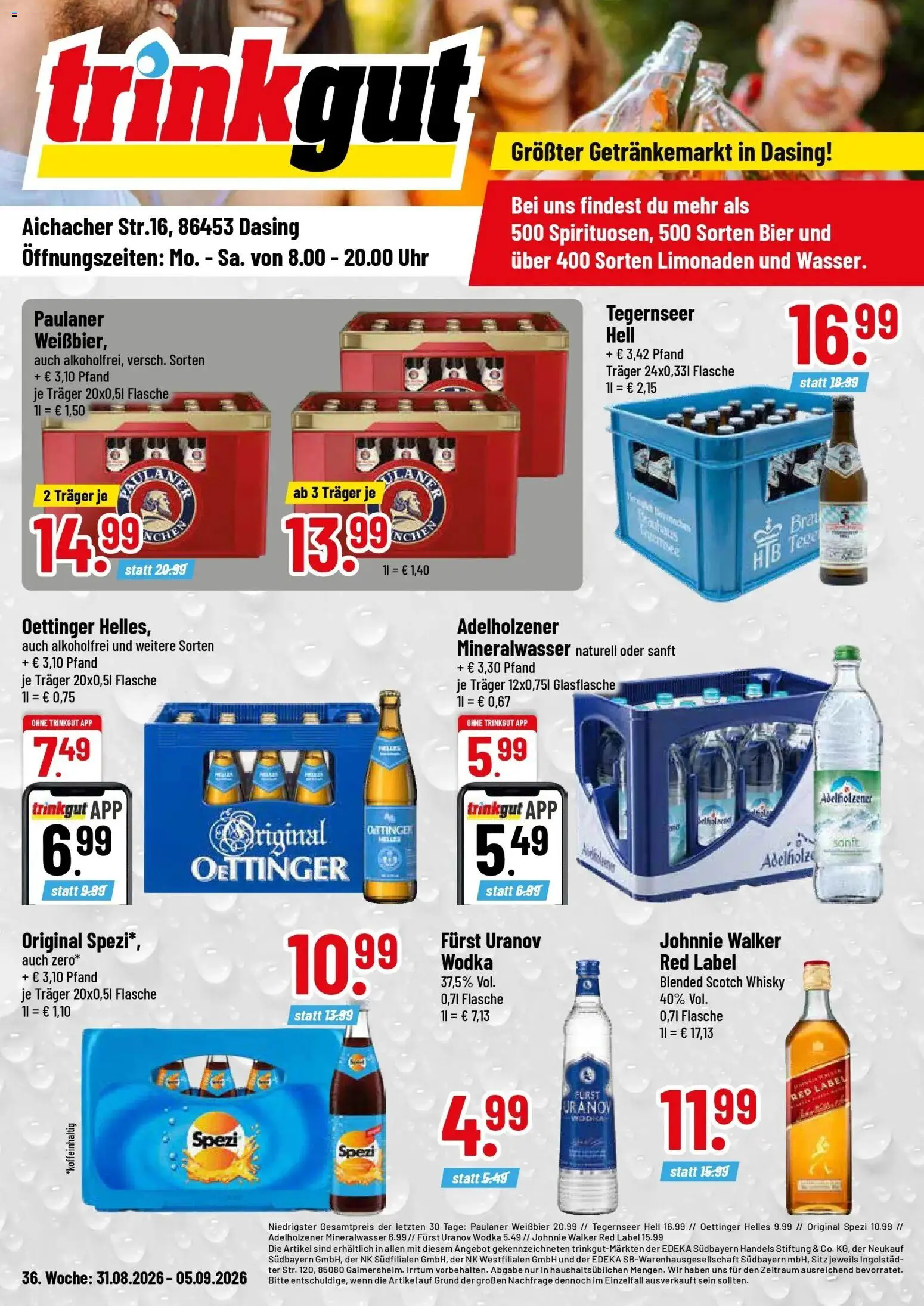 Trinkgut Prospekt Dasing (ab 31.08.2026) » Angebote online | Seite: 1 | Produkte: Oettinger, Uhr, Paulaner, Johnnie walker