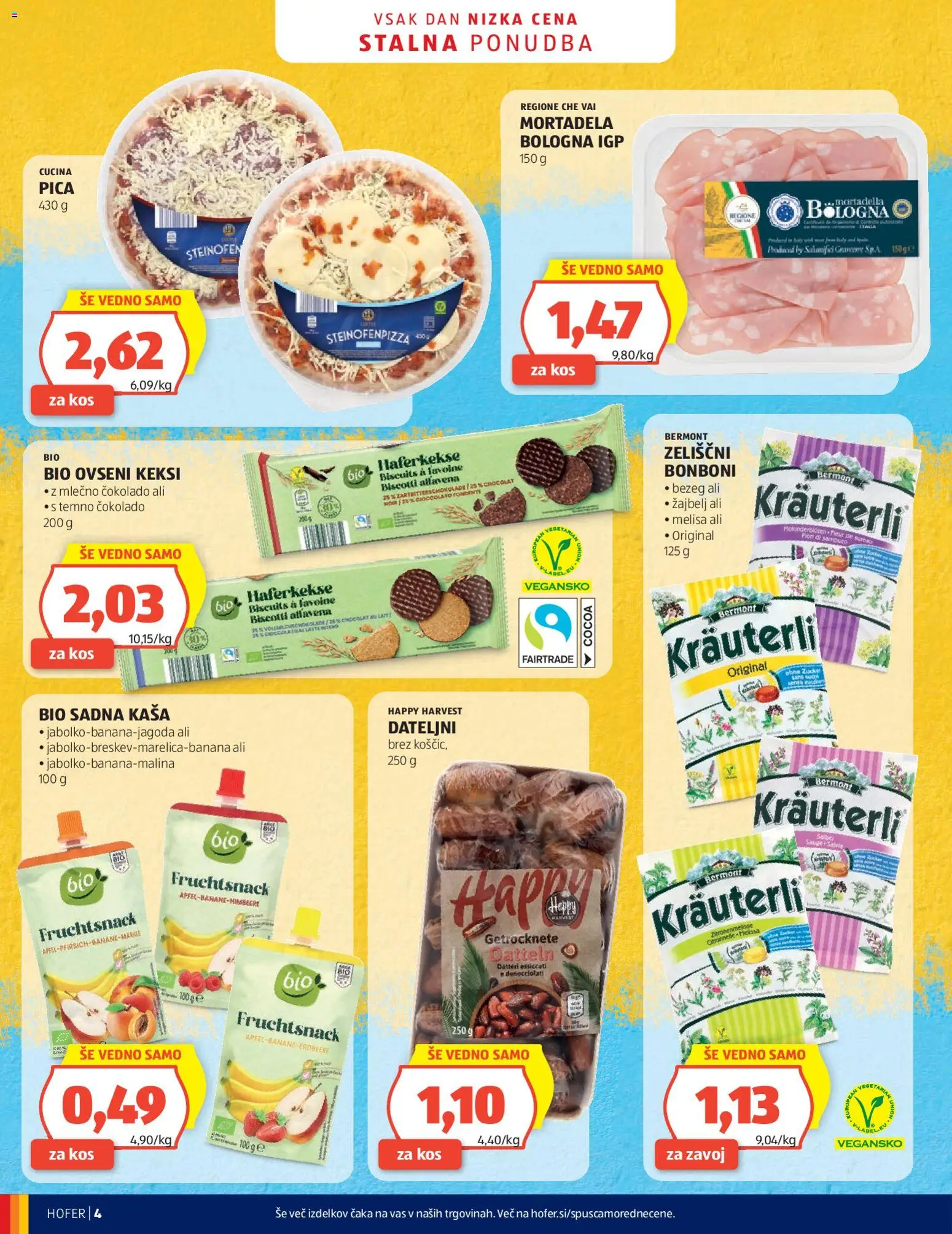 Novi Hofer katalog ponudbe – veljaven od 08.04.2026 | Stran: 4 | Izdelki: Keksi, Bonboni, Kos, Pica