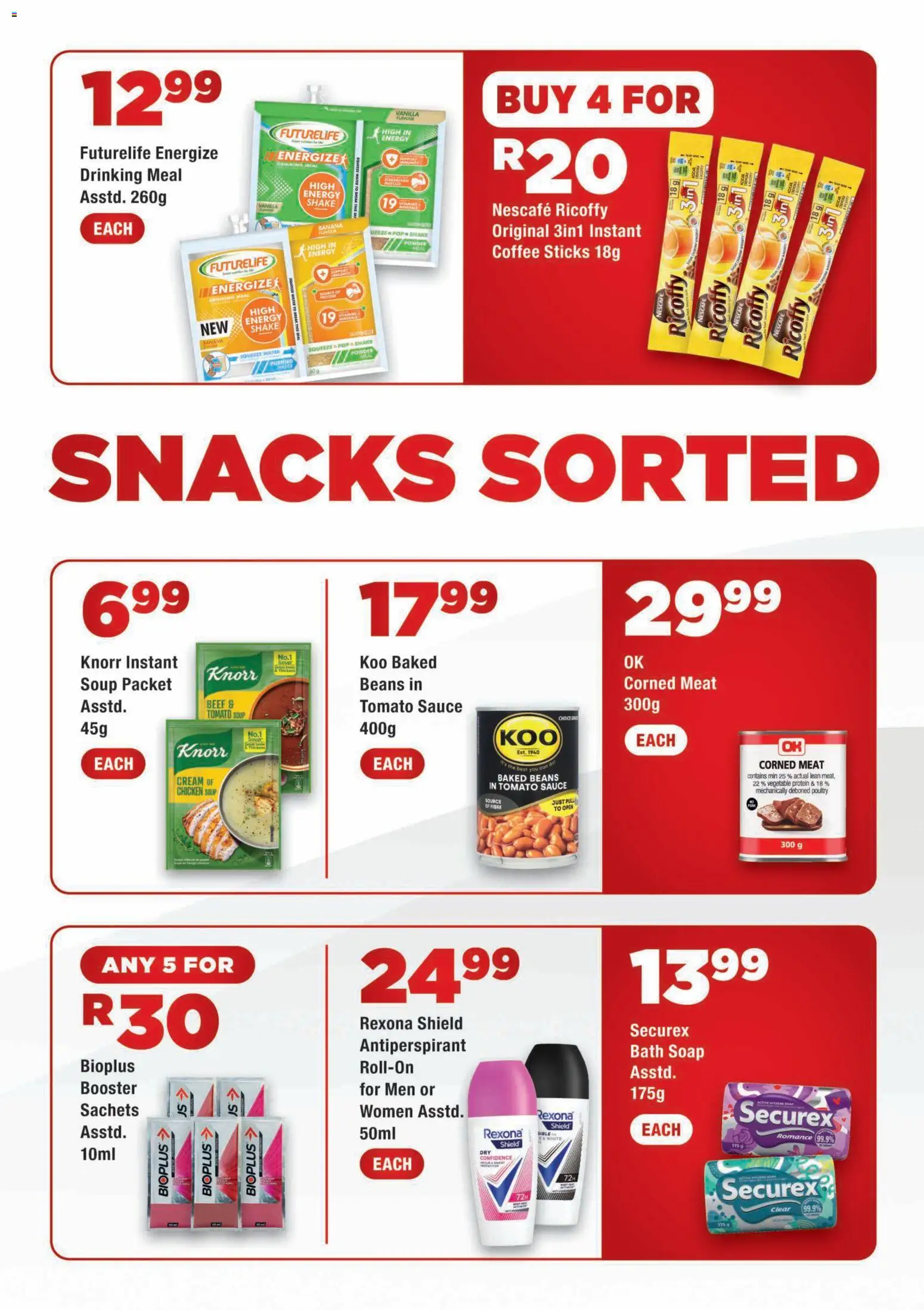 New OK Foods catalogue – valid from 03/08/2026 | Page: 3 | Products: Corned meat, Baked beans, Snacks, Tomato sauce