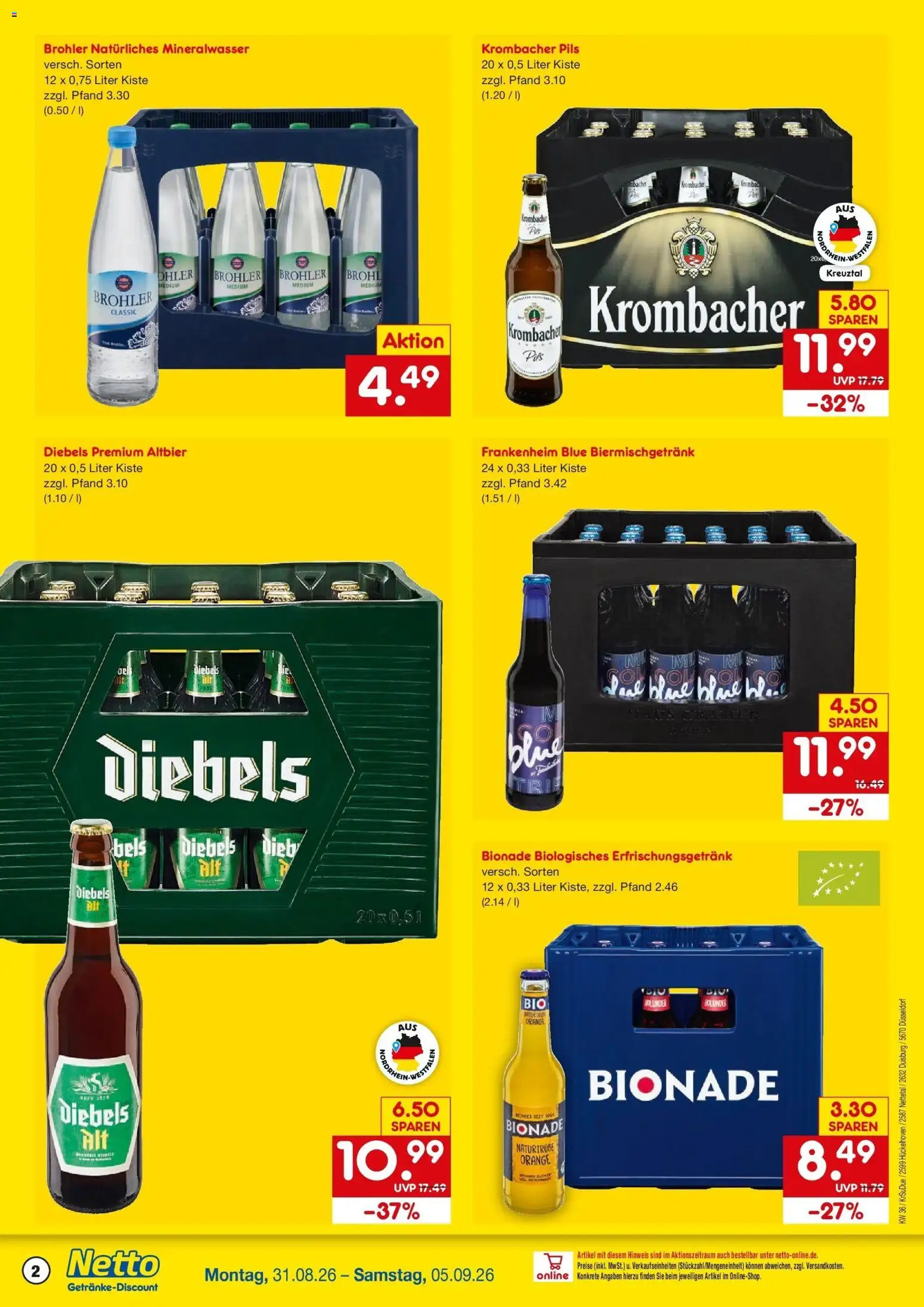 Netto Marken-Discount Prospekt Hückelhoven-Baal – gültig ab 31.08.2026 | Seite: 2 | Produkte: Bionade, Mineralwasser, Krombacher, Diebels