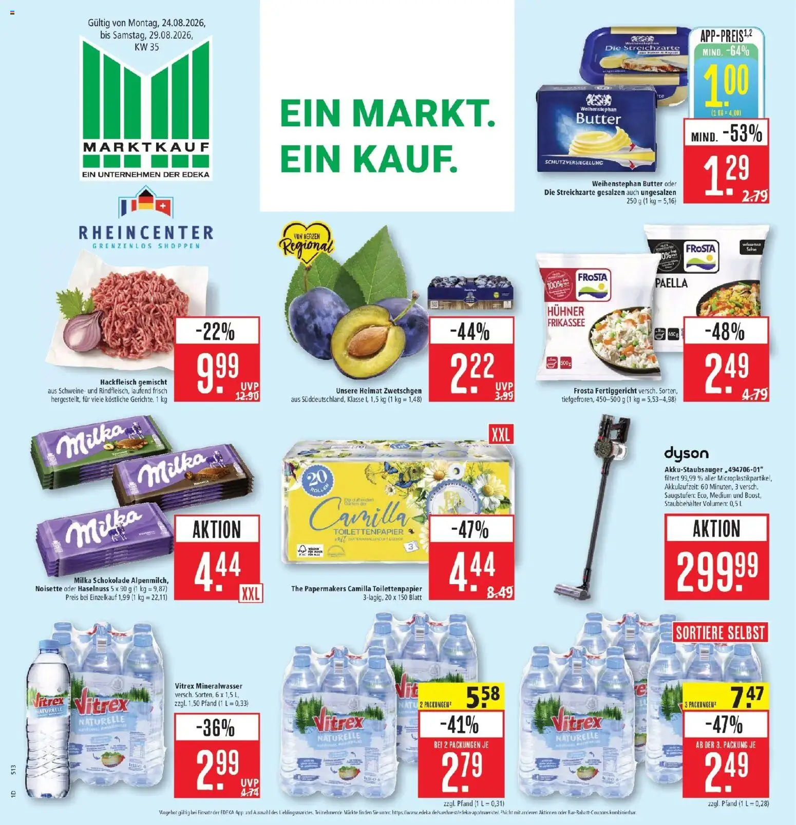 Marktkauf Prospekt Weil Am Rhein (ab 24.08.2026) » Angebote online | Seite: 1 | Produkte: Dyson, Milka schokolade, Mineralwasser, Toilettenpapier