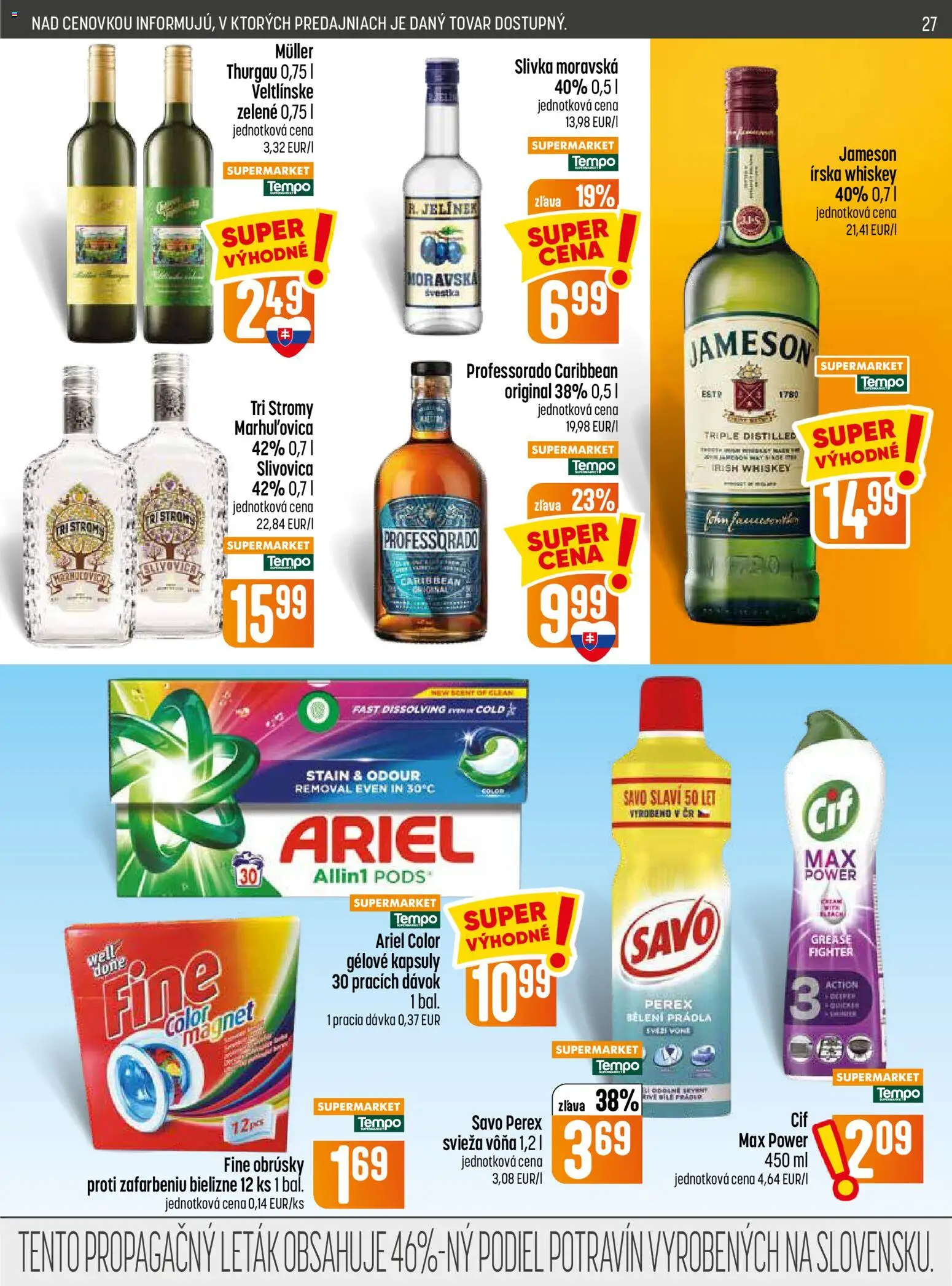 Nové COOP Jednota akcie – leták je platný od 09.07.2026 | Strana: 27 | Produkty: Jameson, Savo, Slivovica, Ariel