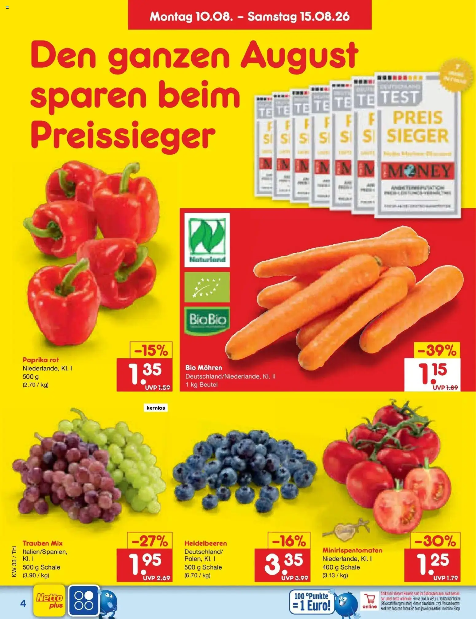 Netto Marken-Discount Prospekt Pirna (ab 10.08.2026) » Angebote | Seite: 4 | Produkte: Trauben, Paprika rot, Heidelbeeren, Paprika