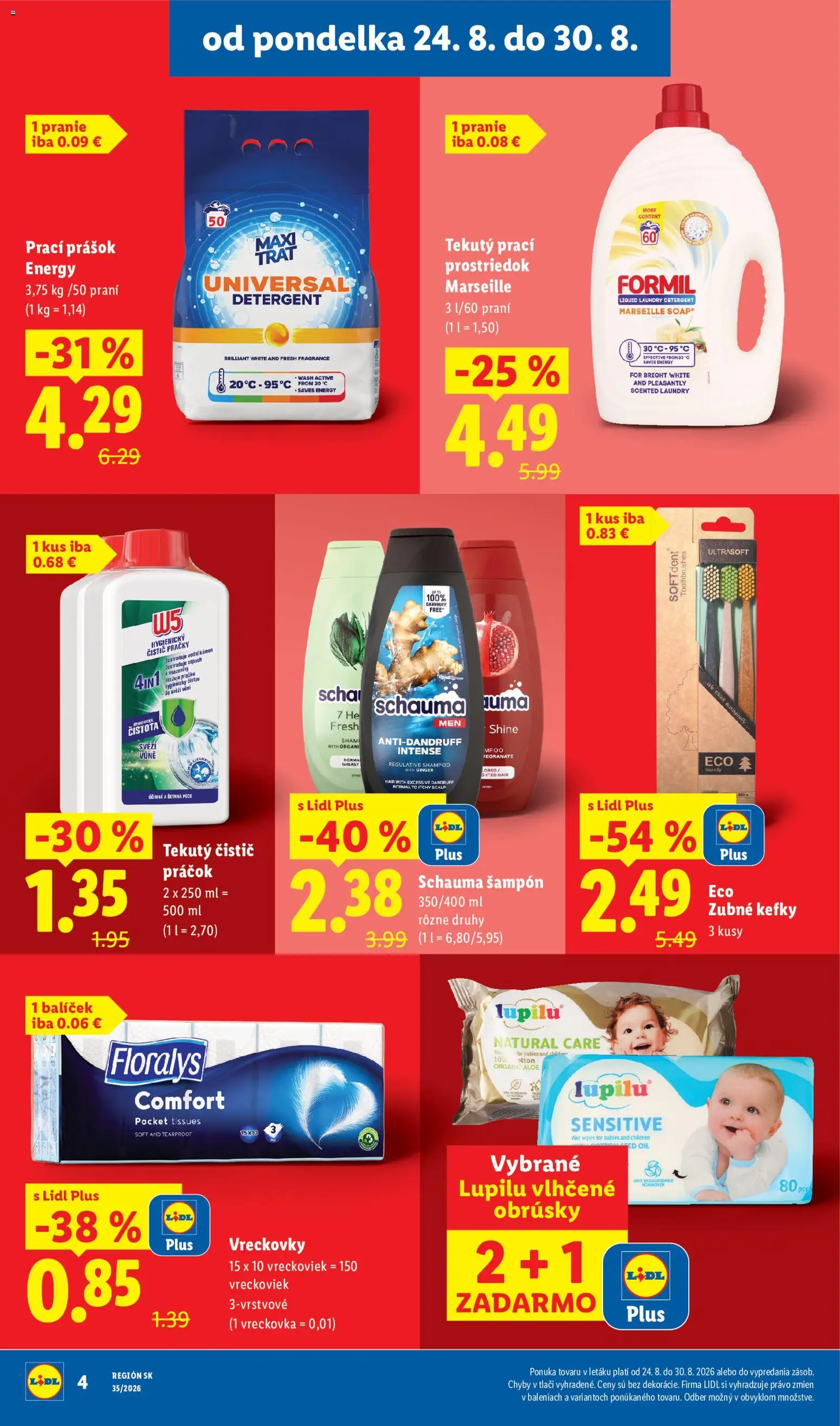 Nové Lidl akcie – leták je platný od 24.08.2026 | Strana: 4 | Produkty: Práčky, Prací prášok, Šampón, Vreckovky