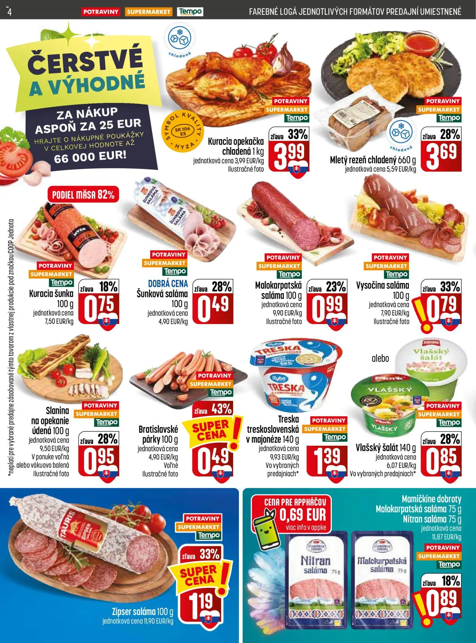 Nové COOP Jednota akcie – leták je platný od 06.08.2026 | Strana: 4 | Produkty: Saláma, Šunka, Slanina, Treska