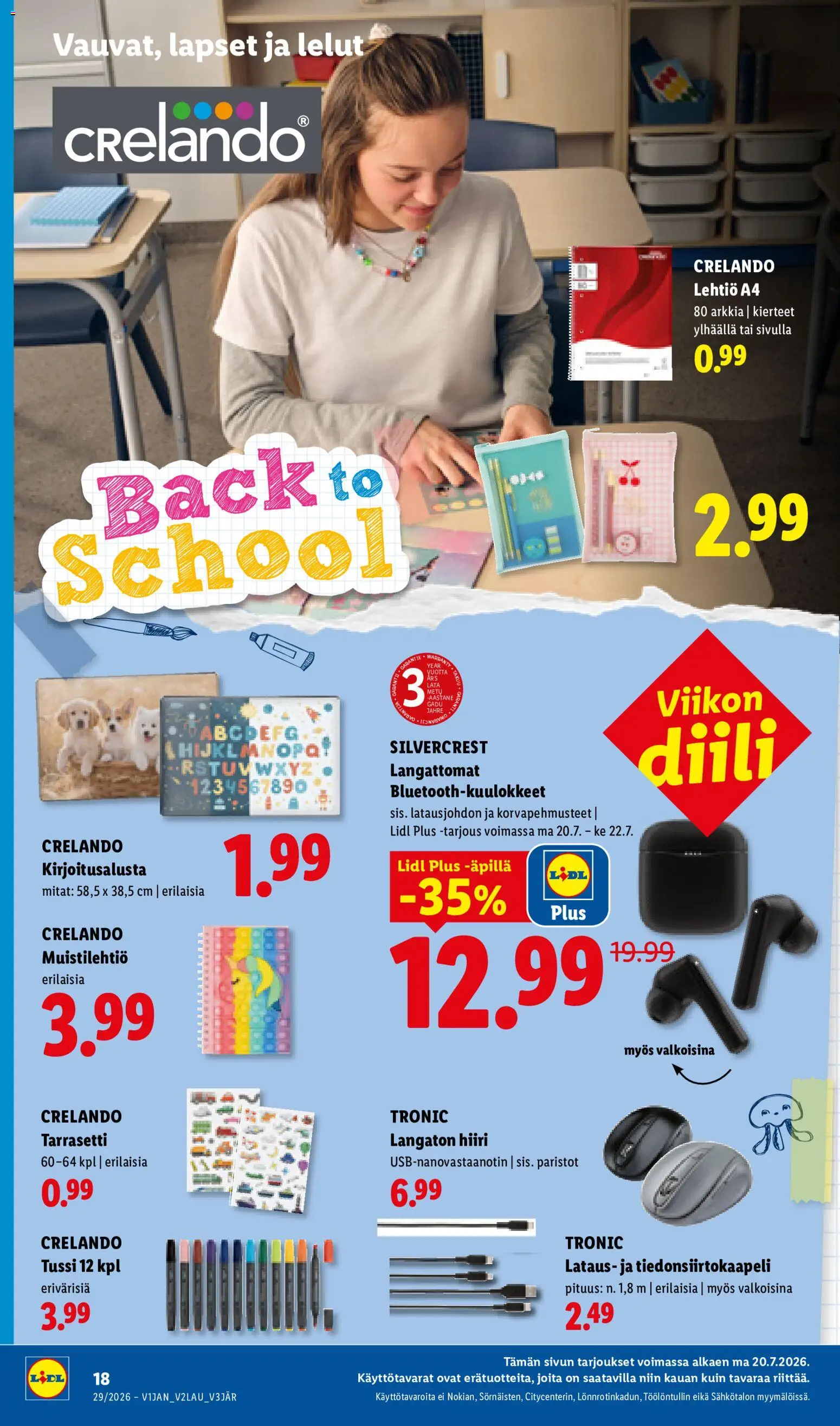 Lidl tarjoukset – voimassa 16/07/2026 alkaen | Sivu: 26 | Tuotteet: Muistilehtiö, Bluetooth-kuulokkeet, Paristot, Hiiri