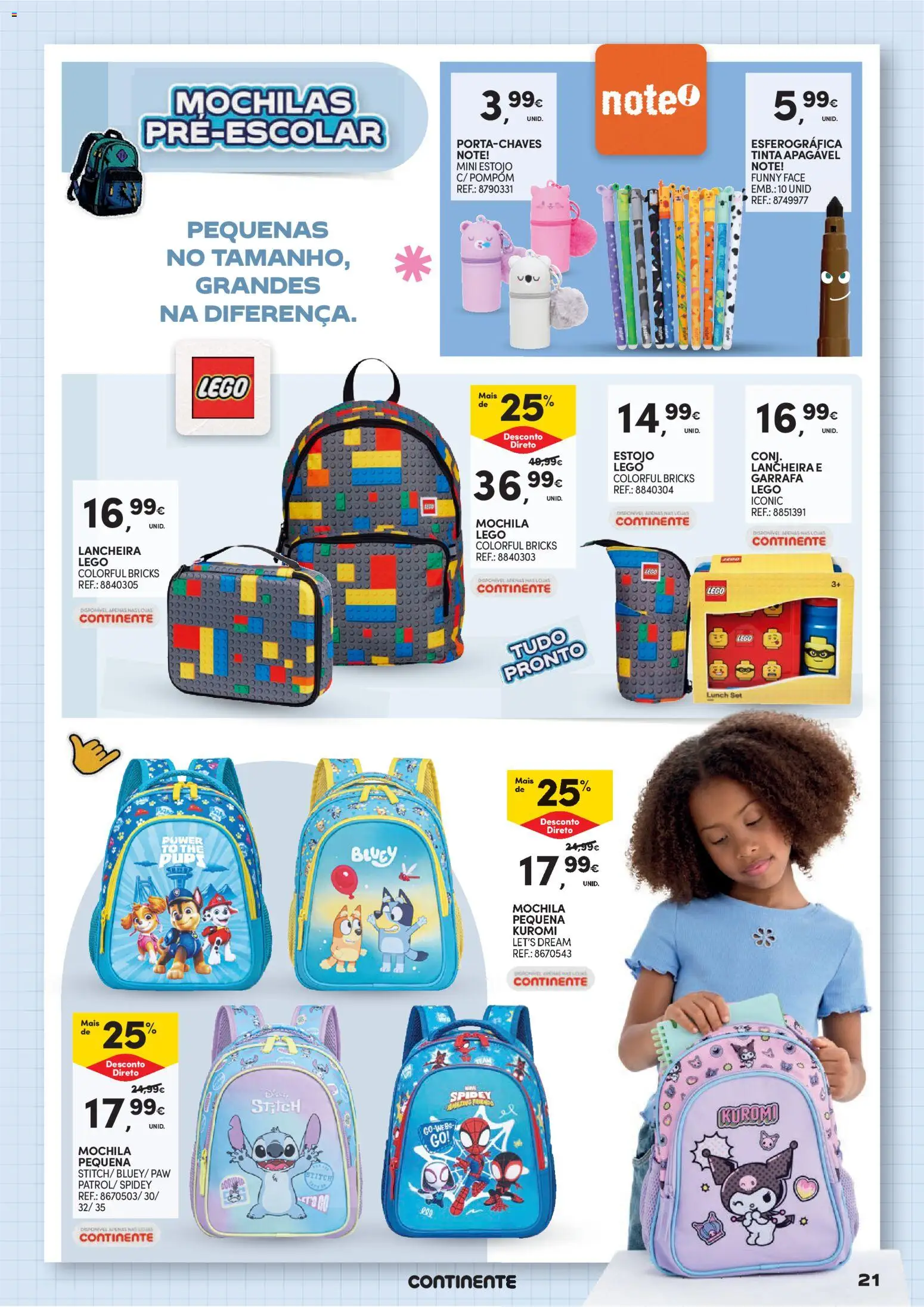 Continente Regresso às Aulas Na escola de toda a gente │ válido de 11/08/2026 | Página: 21 | Produtos: Mochila, Mochilas, Tinta, LEGO