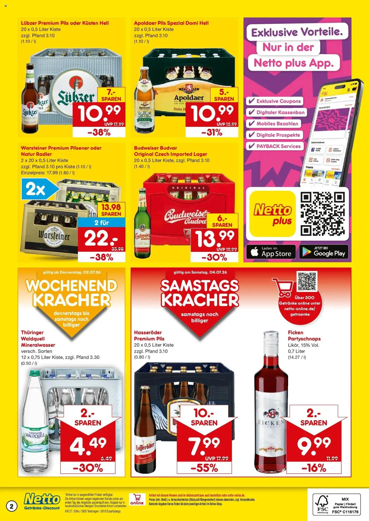 Netto Marken-Discount Prospekt Eckartsberga – gültig ab 29.06.2026 | Seite: 2 | Produkte: Mineralwasser, Warsteiner, Budweiser, Hasseröder