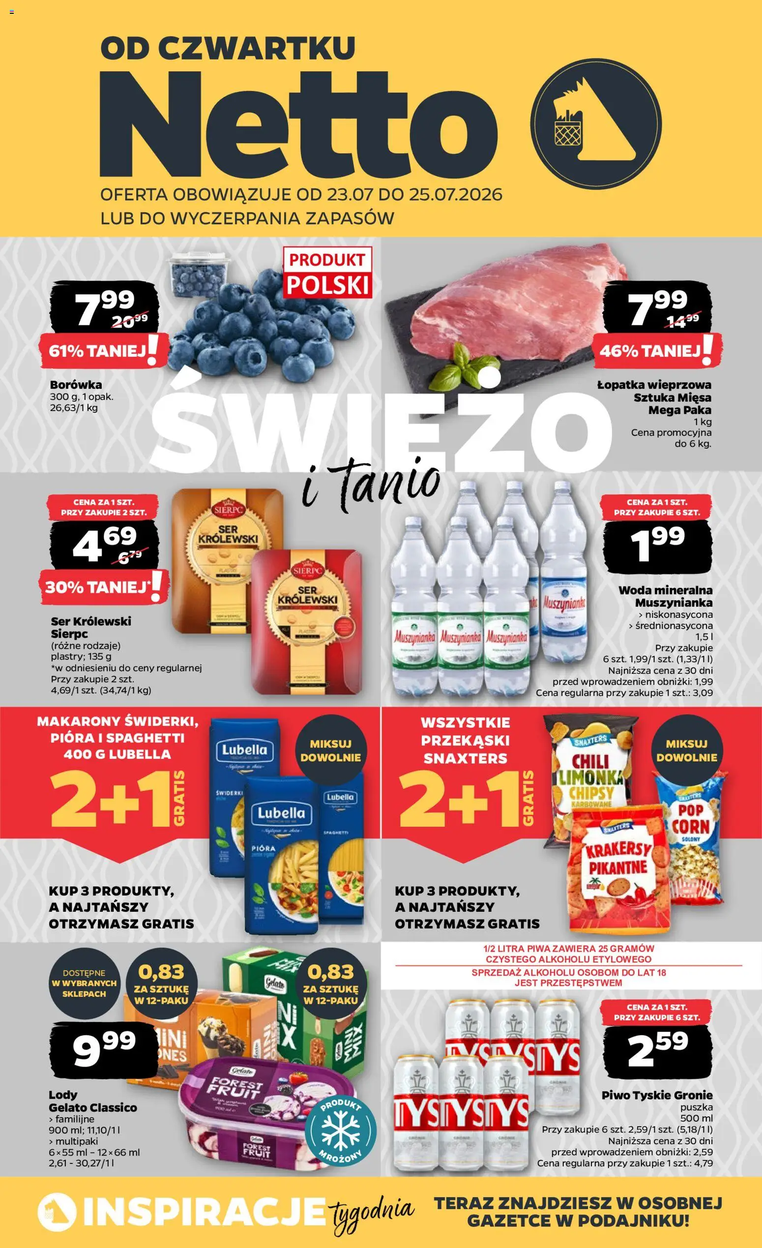 Netto gazetka od czwartku od 23.07.2026 | Strona: 1 | Produkty: Chipsy, Muszynianka, Krakersy, Lody