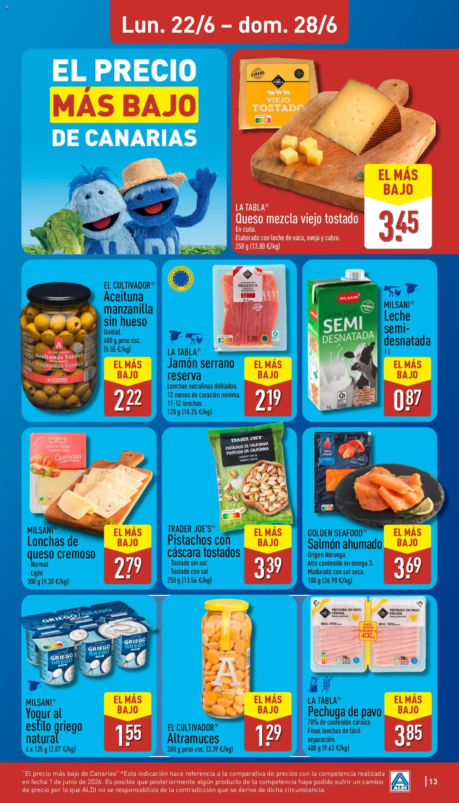 Aldi folleto Canarias │ válido desde el 22.06.2026 | Página: 13 | Productos: Queso, Jamón, Peso, Salmón ahumado