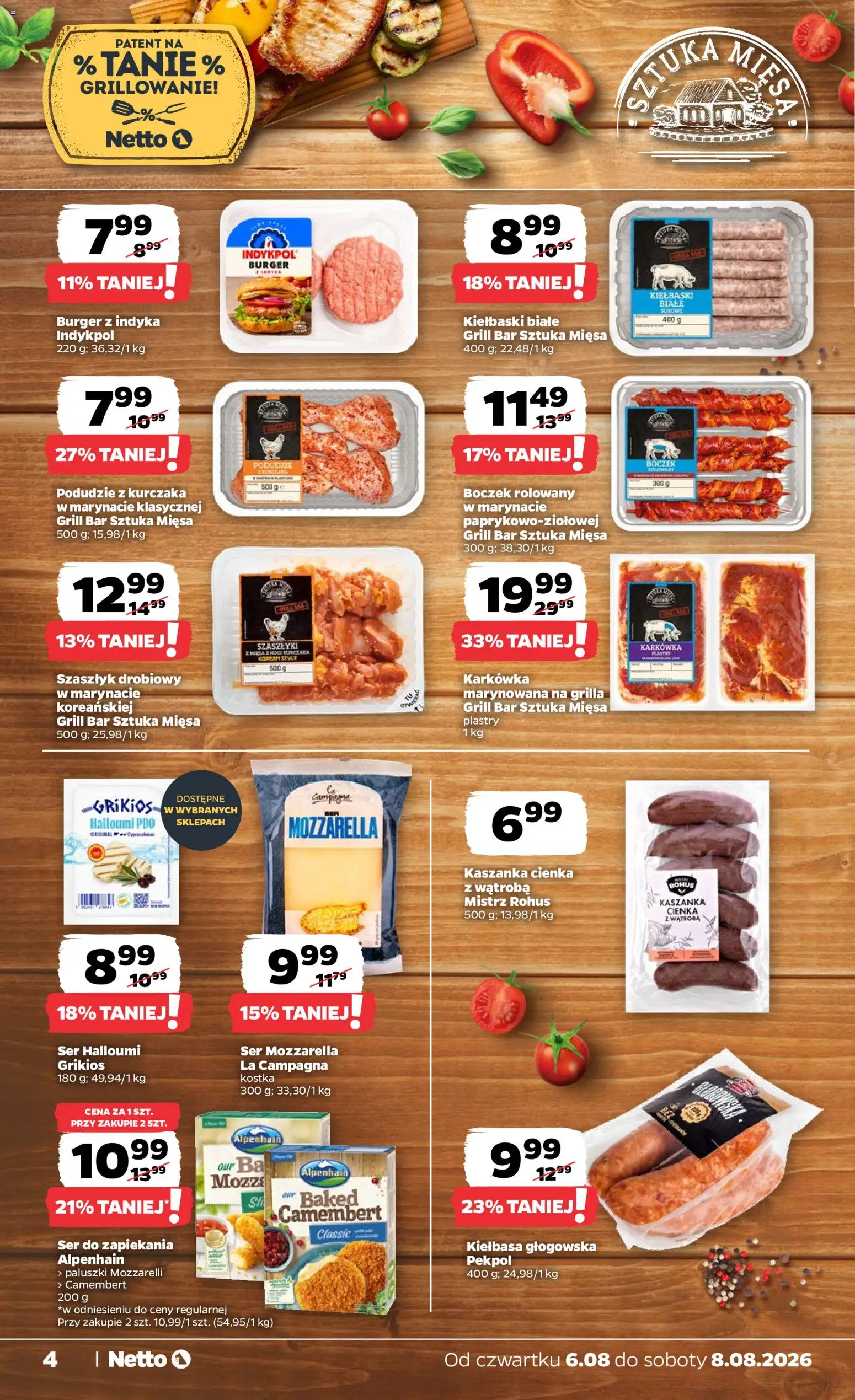 Netto gazetka od czwartku od 06.08.2026 | Strona: 4 | Produkty: Karkówka, Podudzie z kurczaka, Boczek, Mozzarella