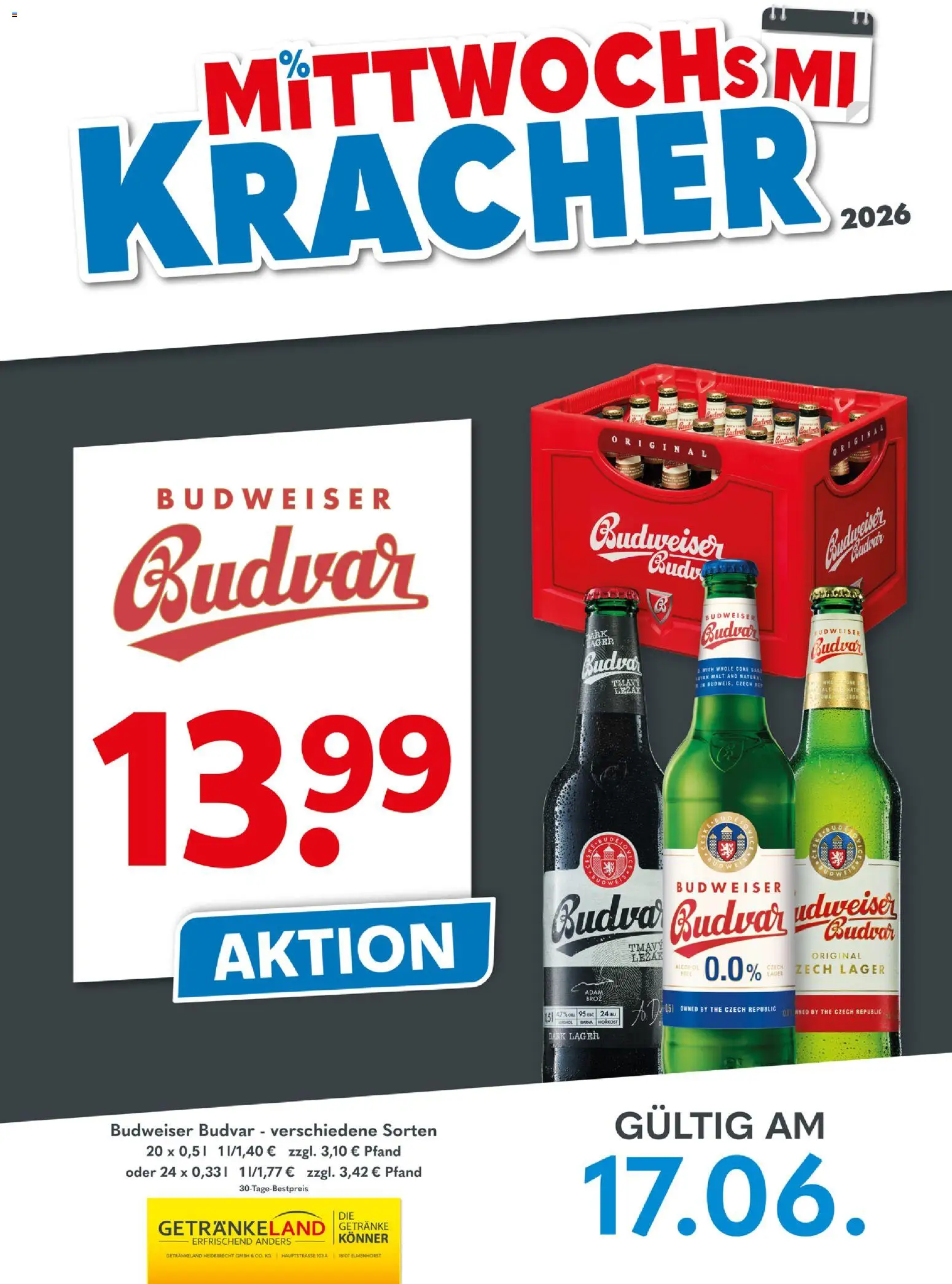 Getränkeland Mittwochs Kracher – gültig ab 17.06.2026 | Seite: 1 | Produkte: Budweiser