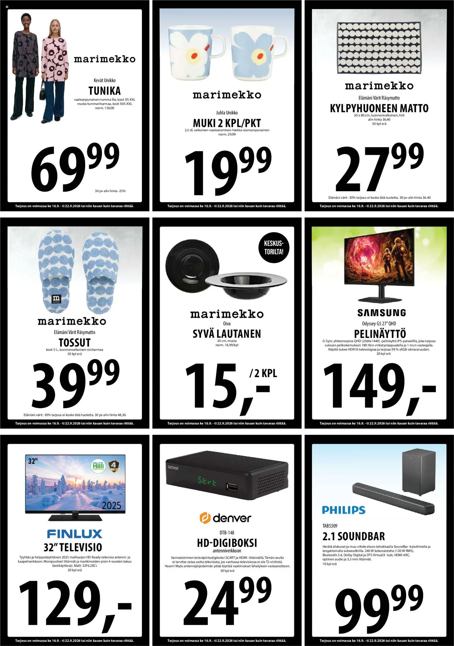 Sale tarjoukset – voimassa 15/09/2026 alkaen | Sivu: 11 | Tuotteet: Soundbar, Matto, Kylpyhuoneen matto, Lautanen