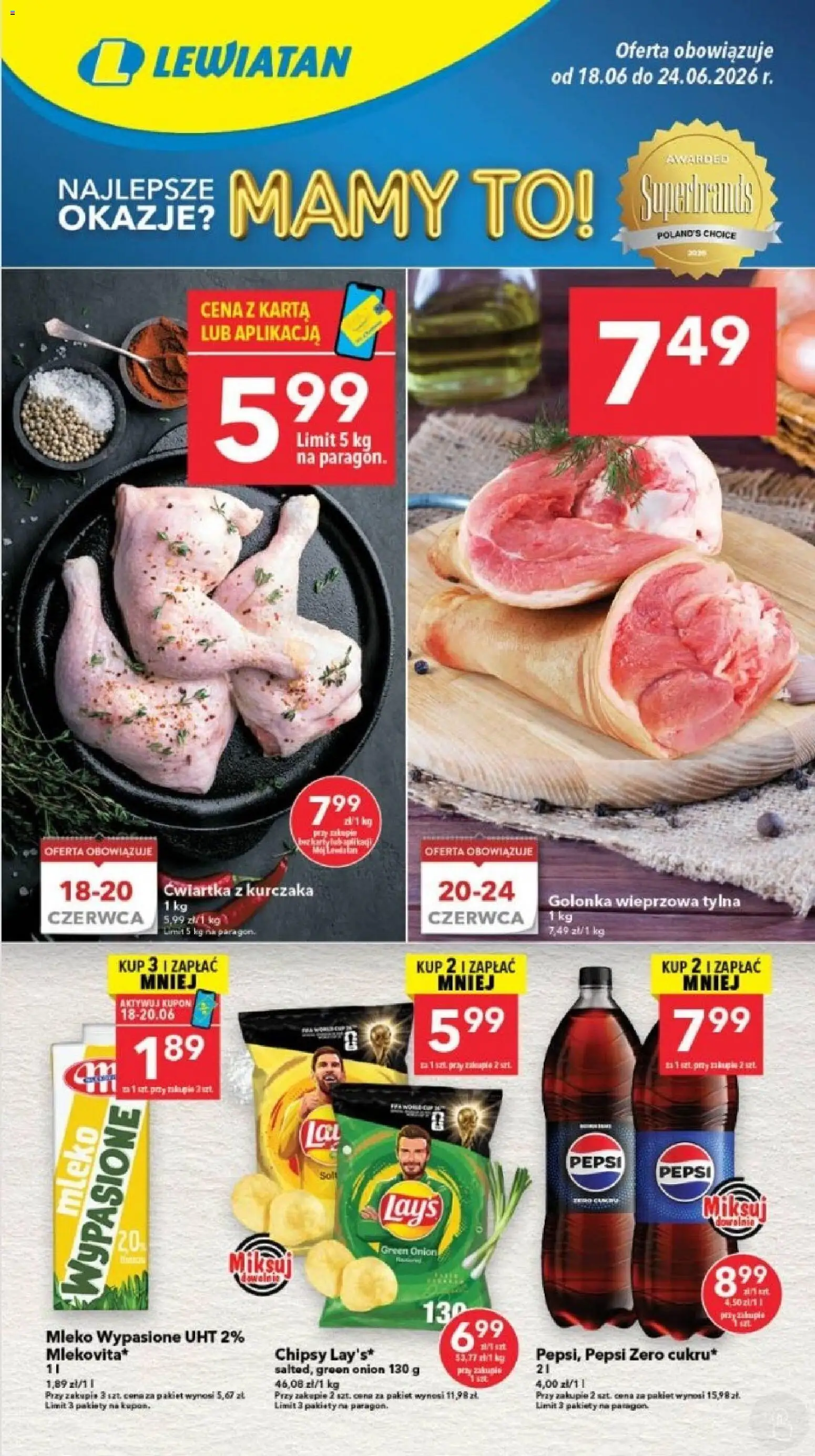 Lewiatan gazetka - Gdańsk od 18.06.2026 | Strona: 1 | Produkty: Mleko wypasione, Chipsy, Golonka wieprzowa, Mleko
