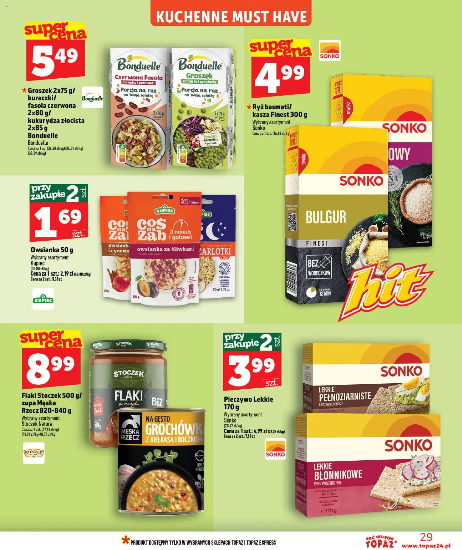 Topaz gazetka od 02.07.2026 | Strona: 29 | Produkty: Kiełbasa, Pieczywo, Owsianka, Bulgur