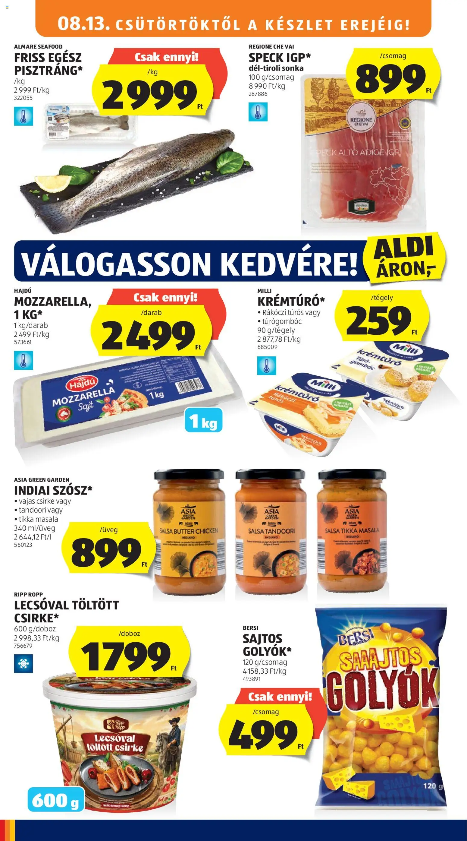 Aldi akciós ujság - amely érvényes a következő dátumtól: 2026.08.13. | Oldal: 14 | Termékek: Mozzarella, Asia Green Garden, Krémtúró, Sonka