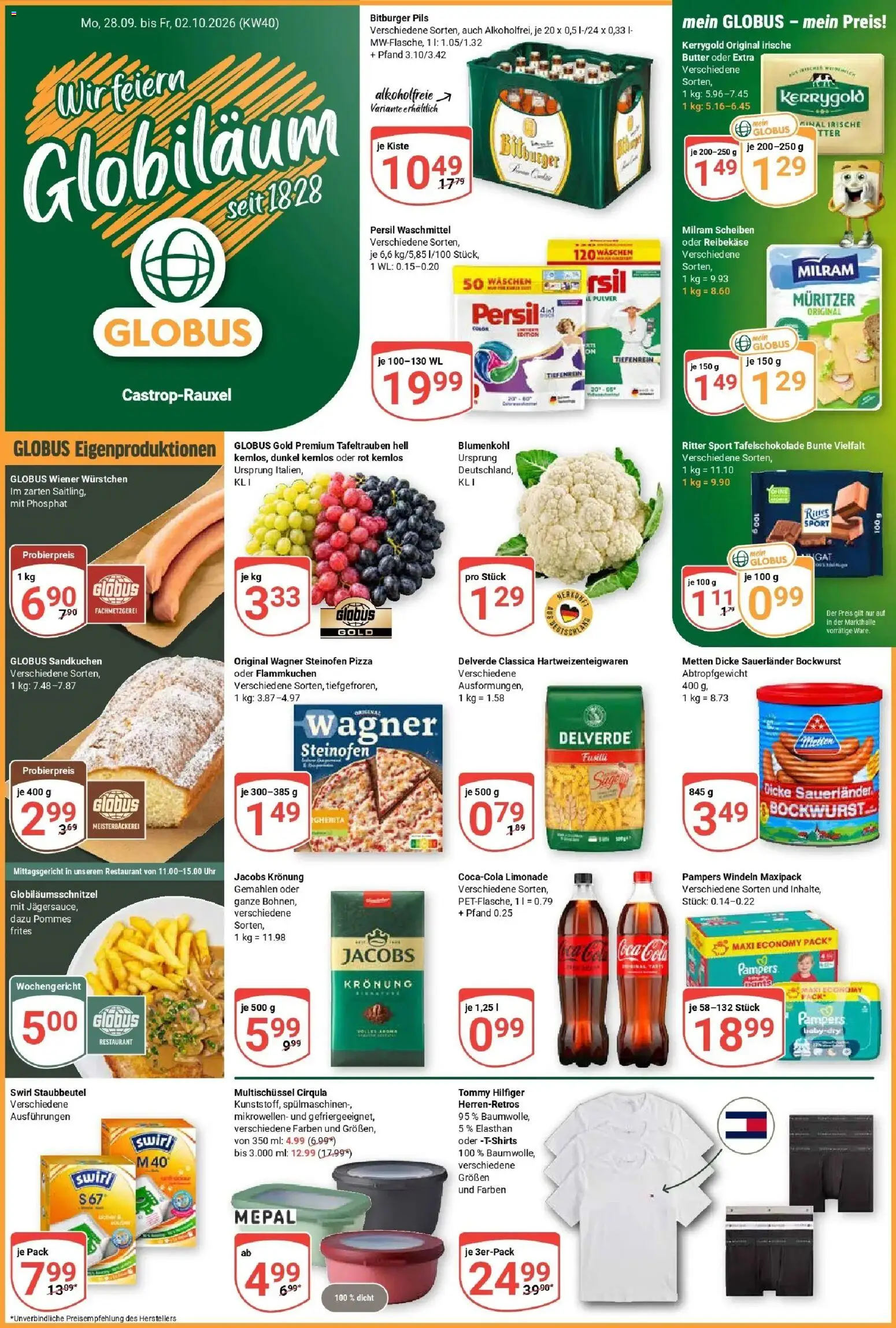 Globus Prospekt Castrop-Rauxel (ab 28.09.2026) » Angebote online | Seite: 1 | Produkte: Bitburger, Wiener wurstchen, Blumenkohl, Pizza