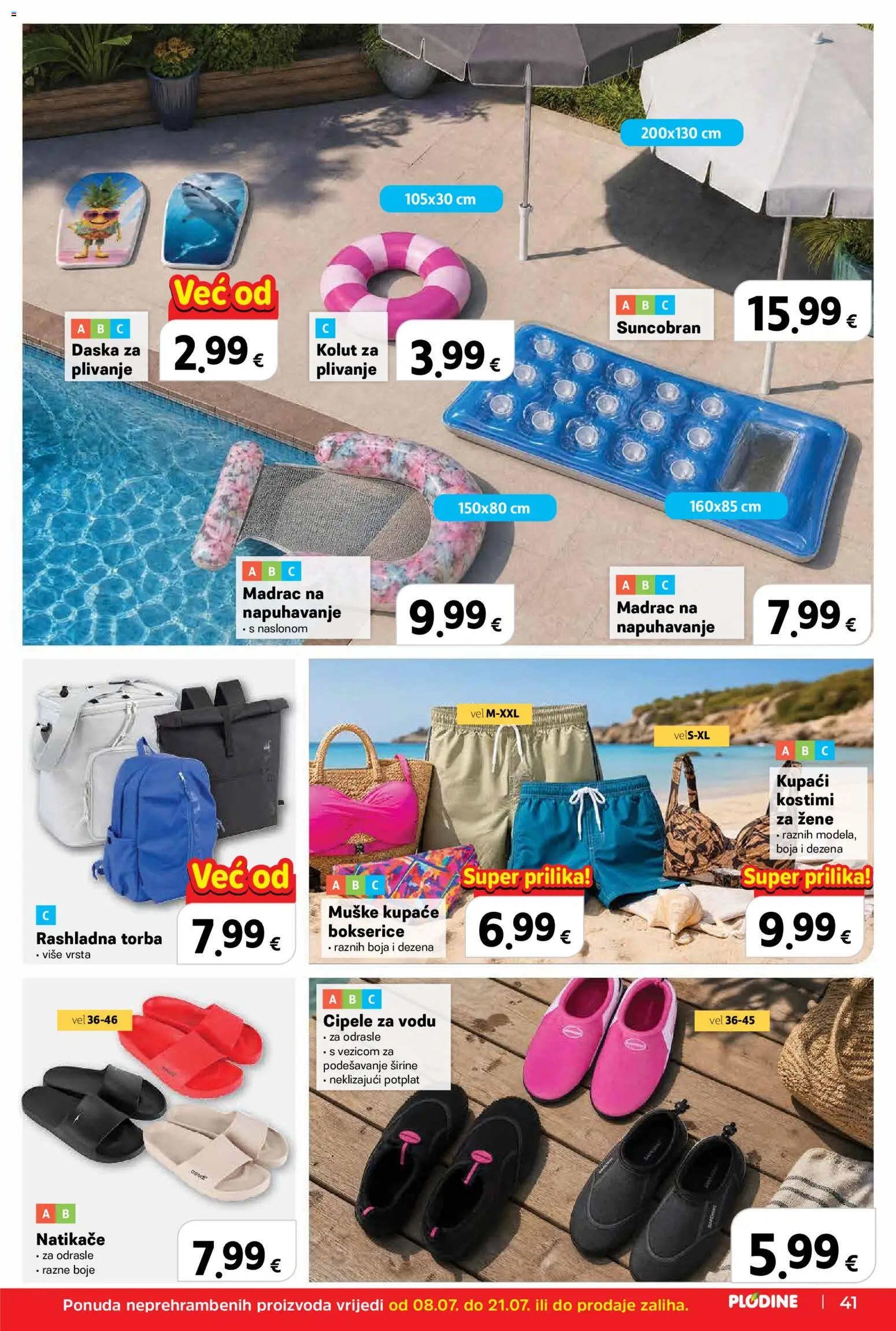 Plodine katalog | vrijedi od 08.07.2026 | Stranica: 41 | Proizvodi: Madrac, Natikače, Suncobran, Torba