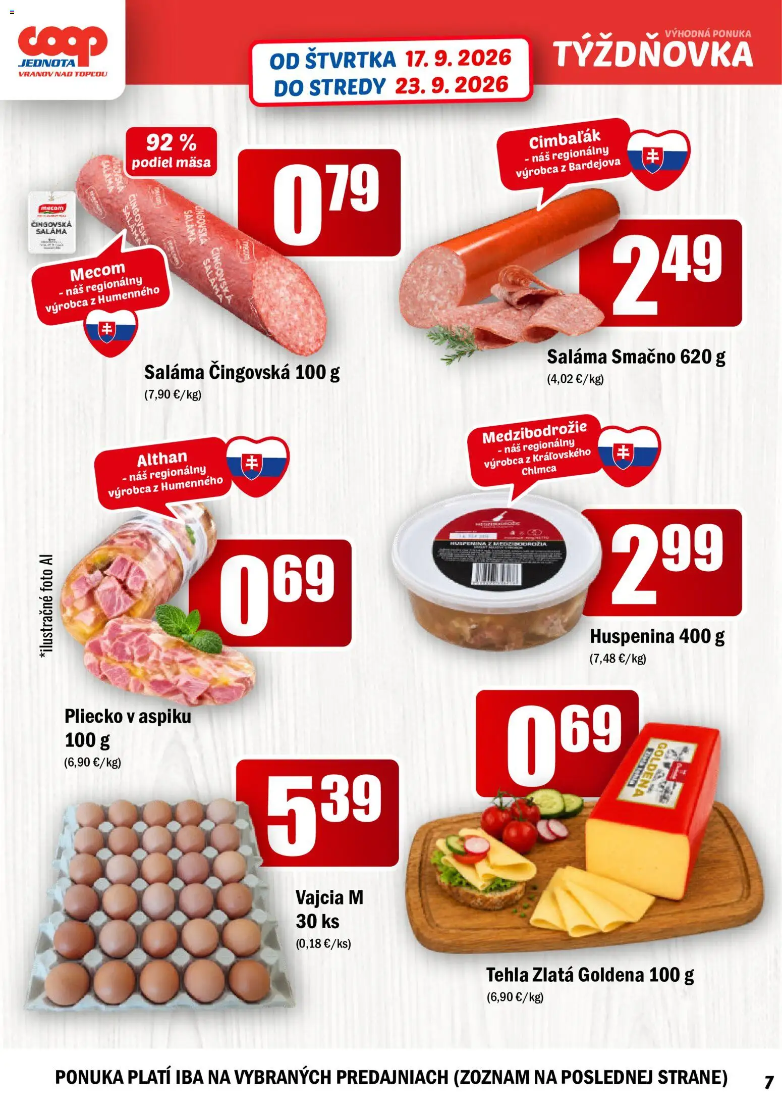 Nové COOP Jednota akcie – leták je platný od 17.09.2026 | Strana: 7 | Produkty: Vajcia M, Vajcia, Saláma