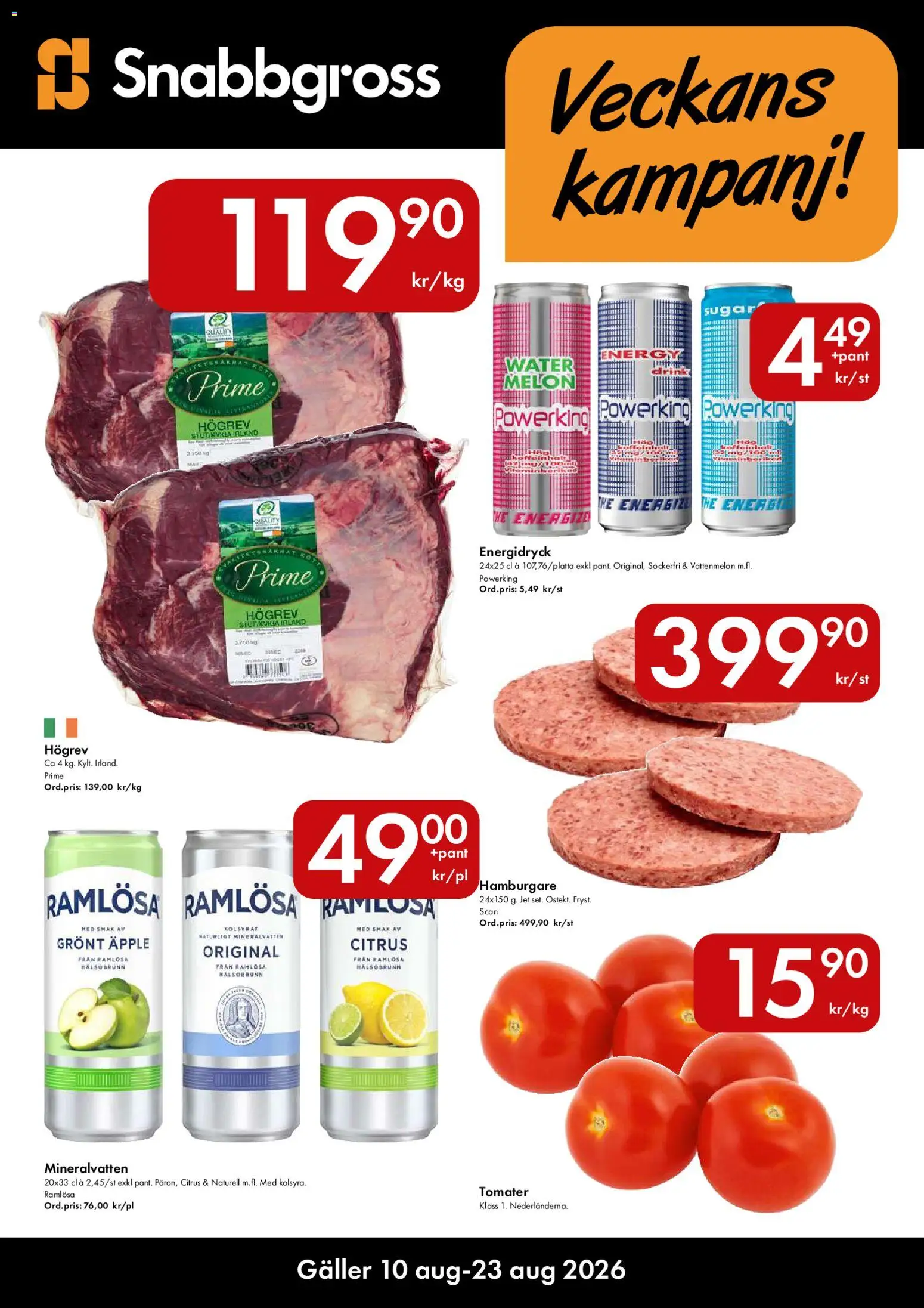Snabbgross reklamblad aktuell från 10/08/2026 | Sida: 1 | Produkter: Hamburgare, Vattenmelon, Tomater, Melon