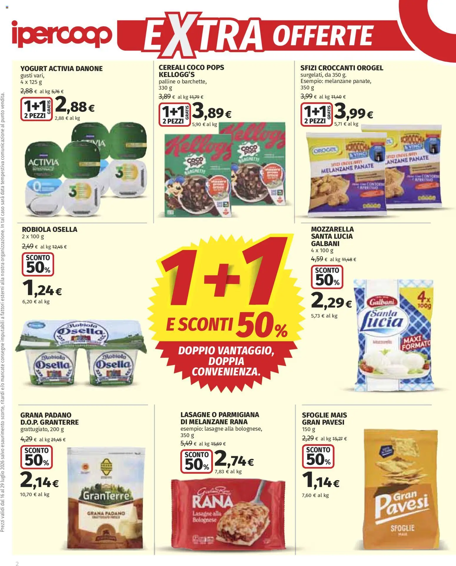 Volantino Ipercoop del 16/07/2026 | Pagina: 2 | Prodotti: Cereali, Mozzarella, Grana Padano, Melanzane