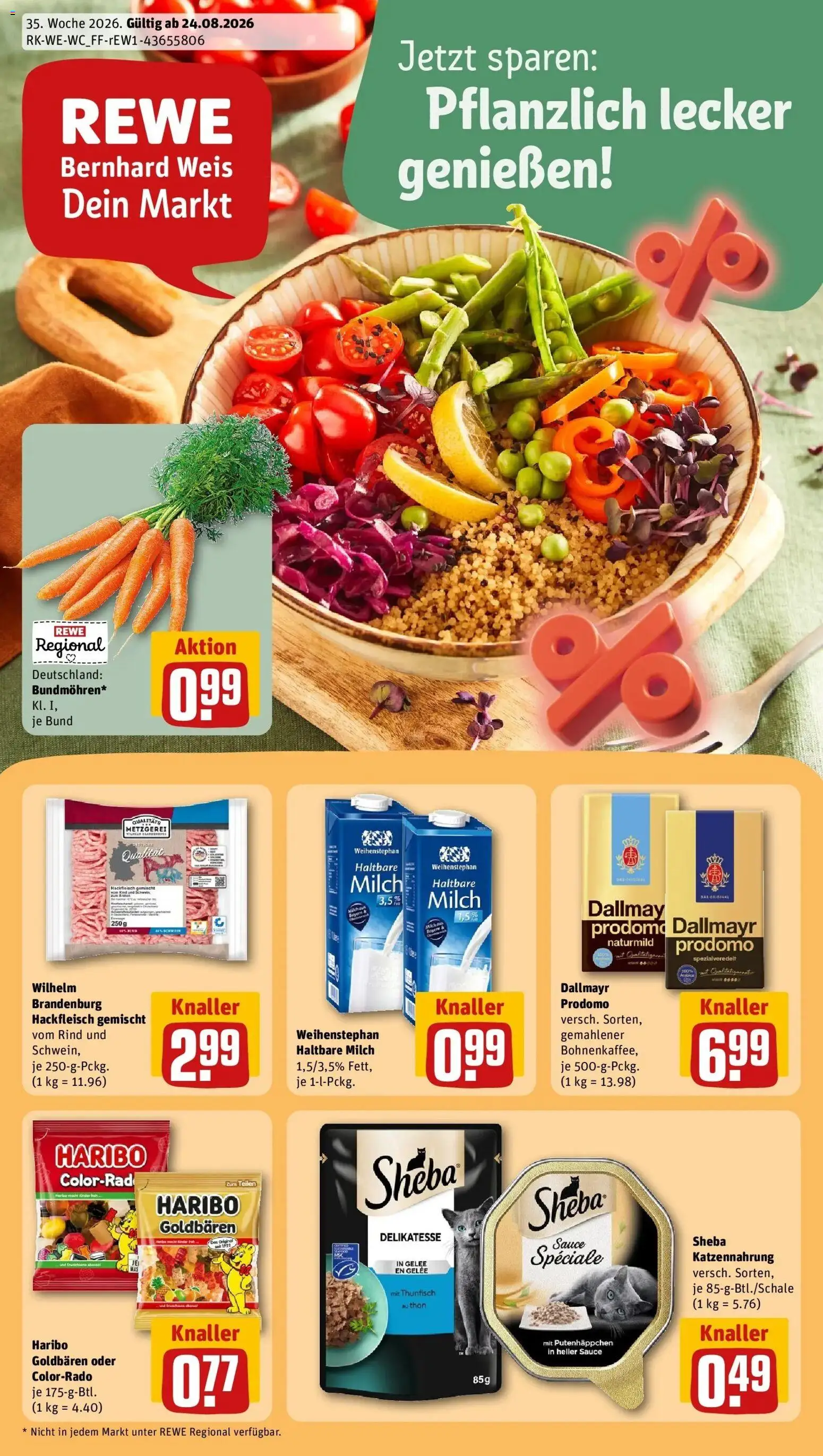 REWE Prospekt ab 24.08.2026 zum Blättern » Angebote | Seite: 1 | Produkte: Sheba, Haribo, Thunfisch, Hackfleisch