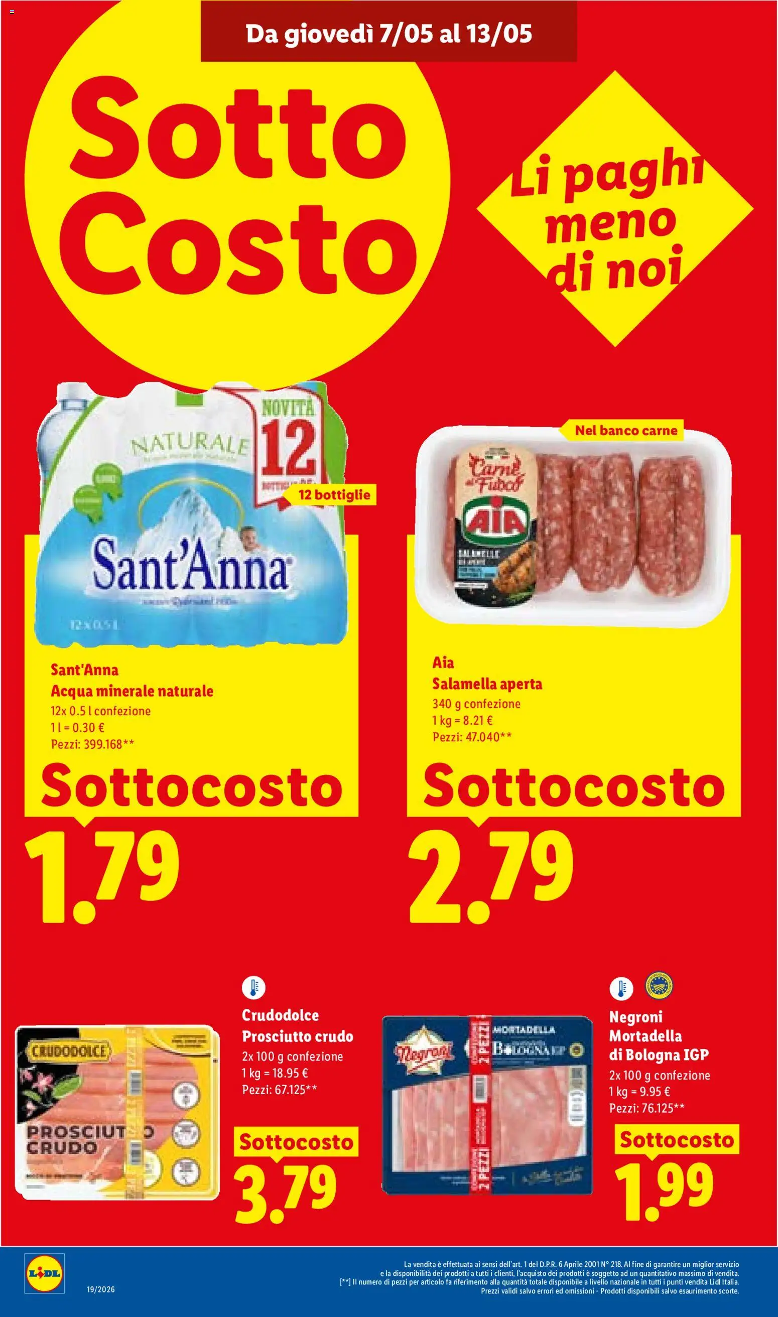 Volantino Lidl del 07.05.2026 | Pagina: 2 | Prodotti: Prosciutto Crudo, Acqua, Mortadella, Acqua minerale