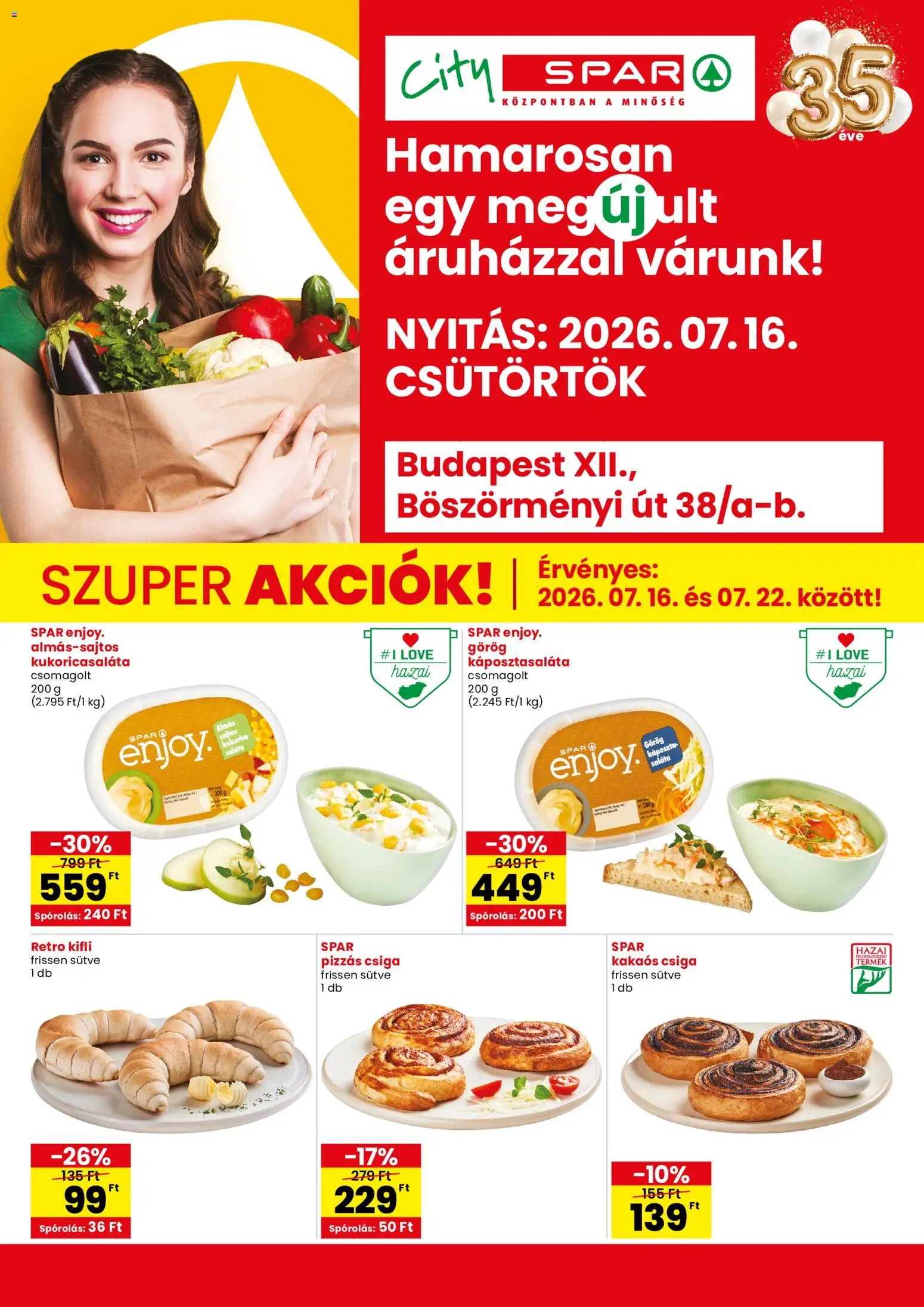 Spar akciós ujság - amely érvényes a következő dátumtól: 2026.07.16. | Oldal: 1 | Termékek: Káposzta, Kifli, Kakaós csiga, Saláta