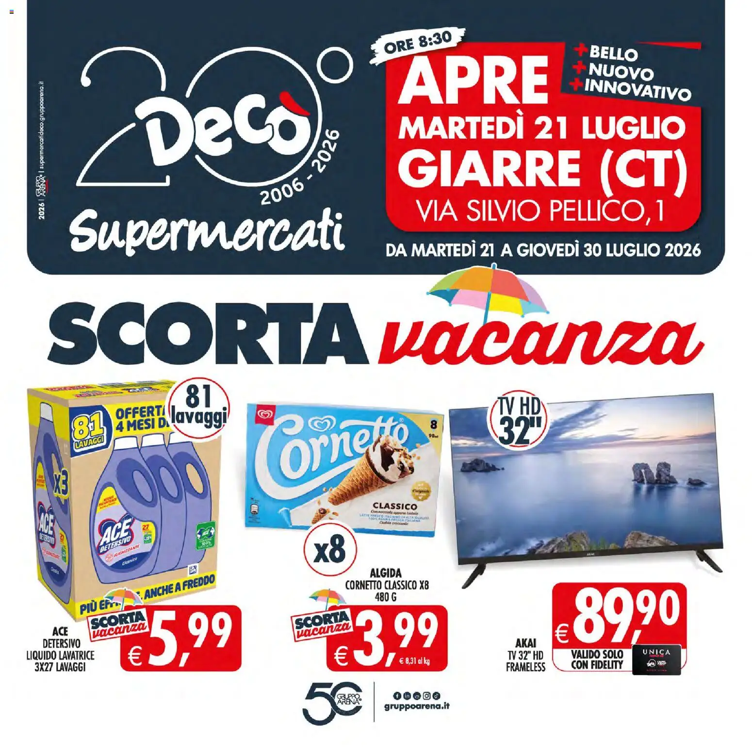 Volantino Decò del 21/07/2026 | Pagina: 1 | Prodotti: Cornetto, Latte, Nocciole, Lavatrice