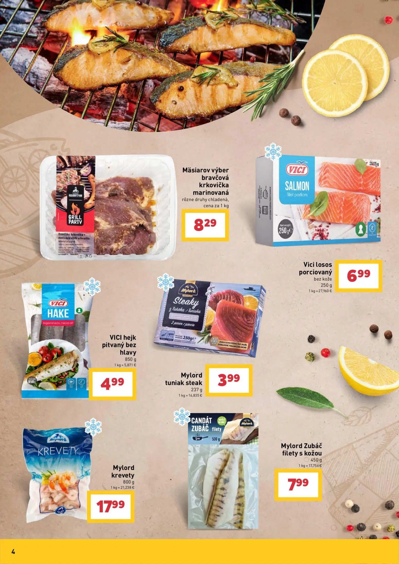 Nové Billa akcie – leták je platný od 29.04.2026 | Strana: 4 | Produkty: Tuniak, Chilli, Losos, Steak