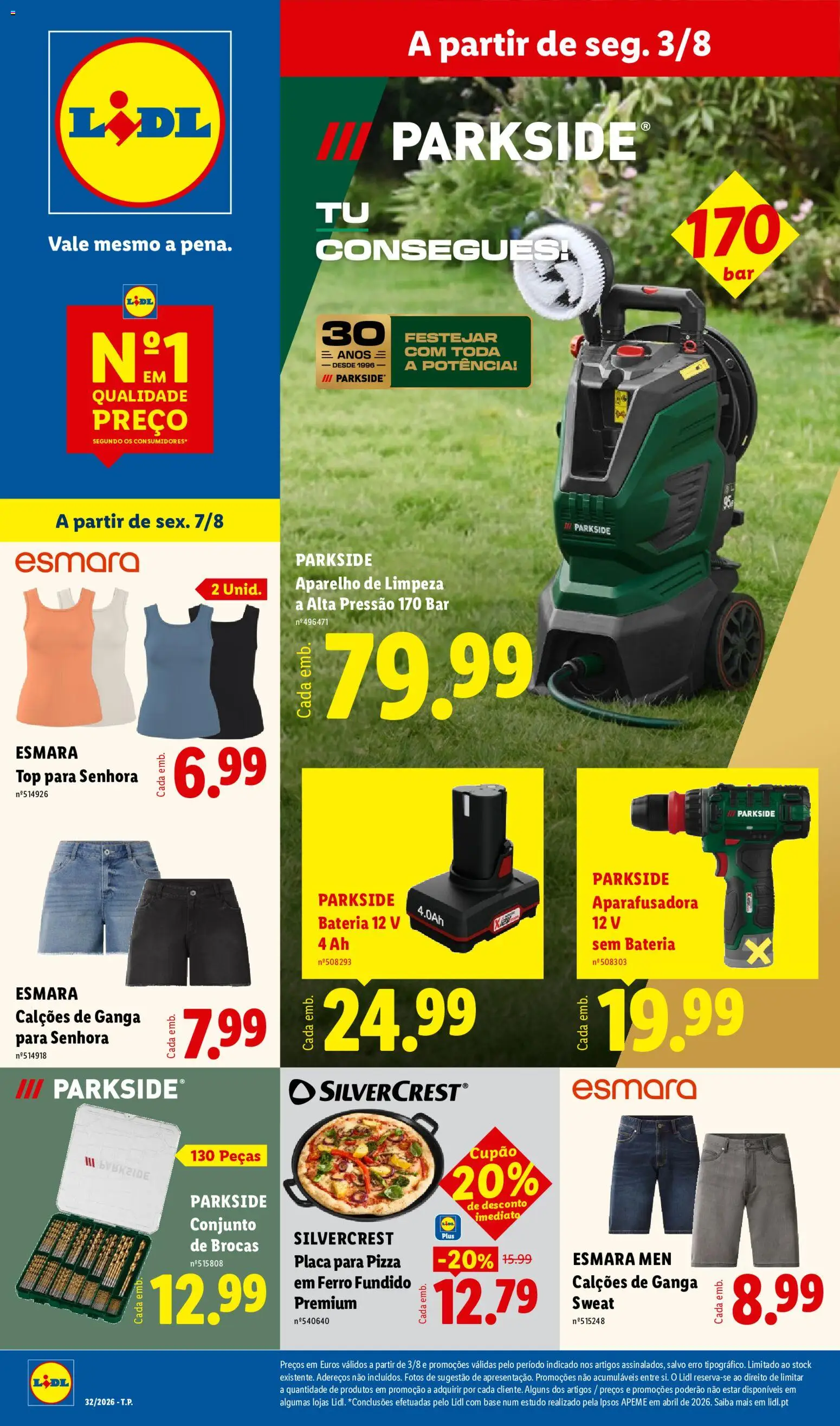 Lidl Novidades │ válido de 03/08/2026 | Página: 1 | Produtos: Top, Ferro, Calções, Pizza
