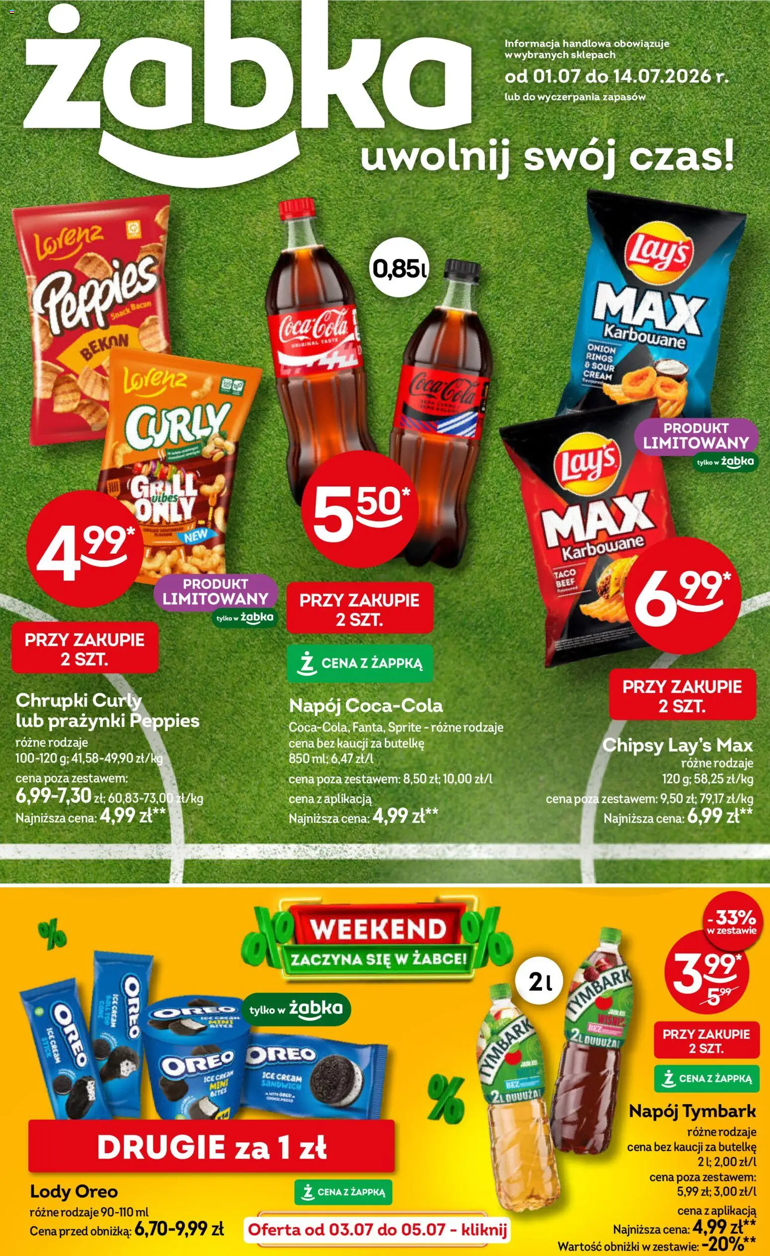 Żabka gazetka od 01.07.2026 | Strona: 1 | Produkty: Chipsy, Bekon, Coca cola, Lody