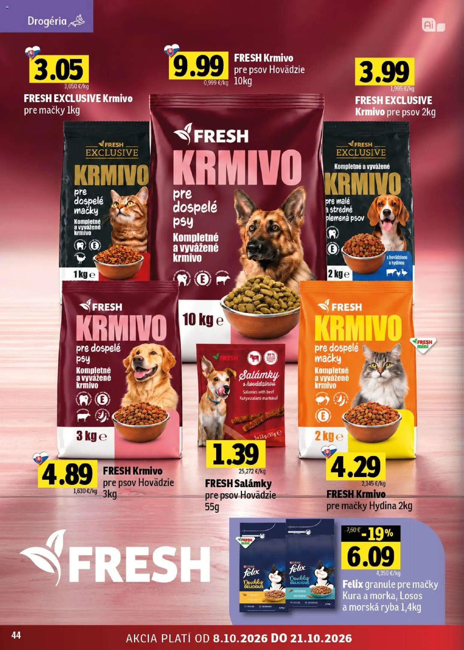 Nové Fresh akcie – leták je platný od 08.10.2026 | Strana: 44 | Produkty: Felix, Krmivo pre psov, Granule, Hydina