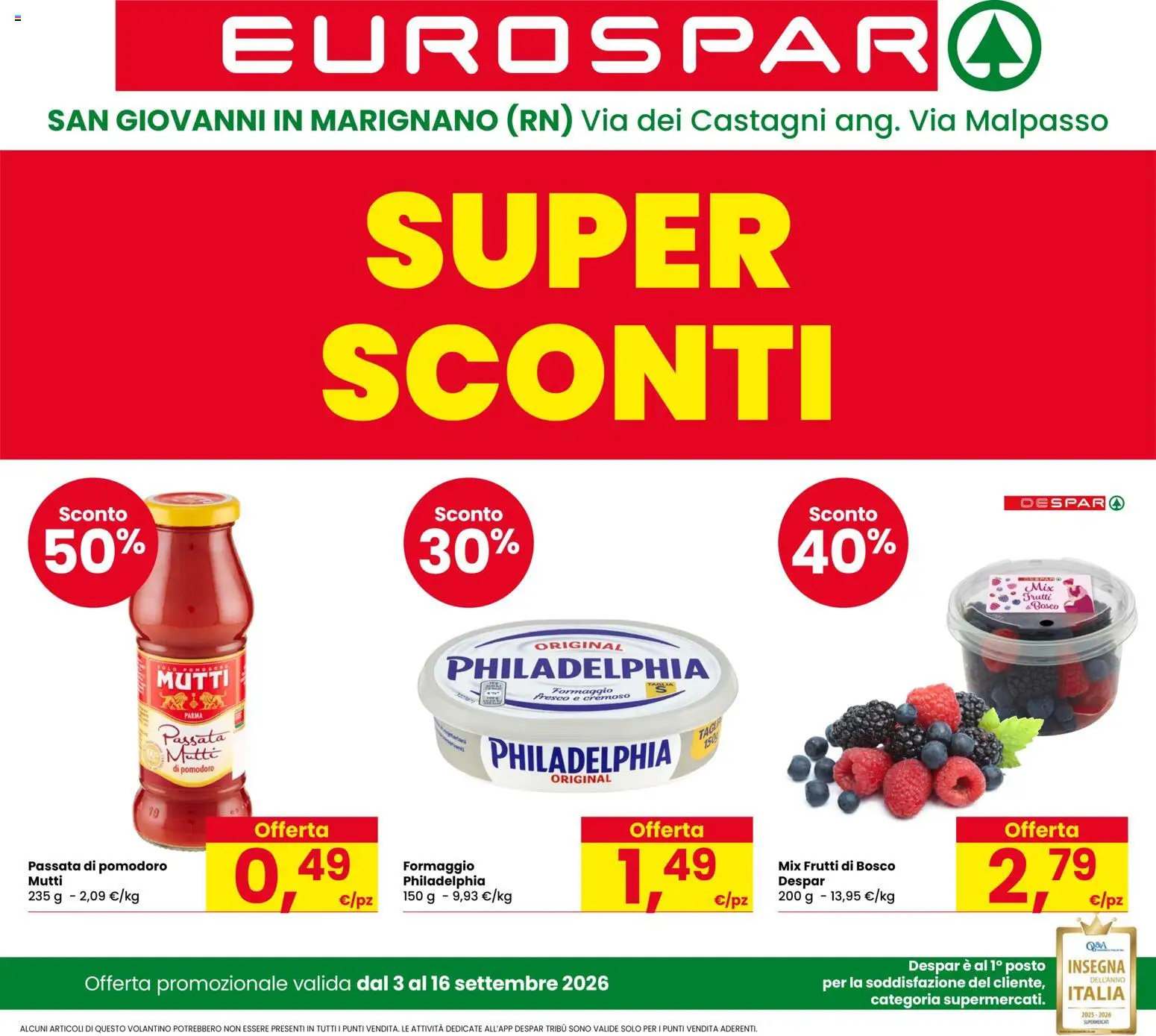 Volantino Eurospar del 03/09/2026 | Pagina: 1 | Prodotti: Frutti di bosco, Formaggio, Mutti, Formaggio fresco