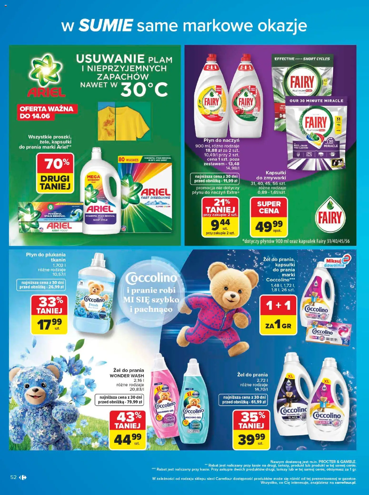 Carrefour gazetka - W sumie same markowe okazje od 08.06.2026 | Strona: 52 | Produkty: Coccolino, Płyn do płukania tkanin, Ariel, Fairy