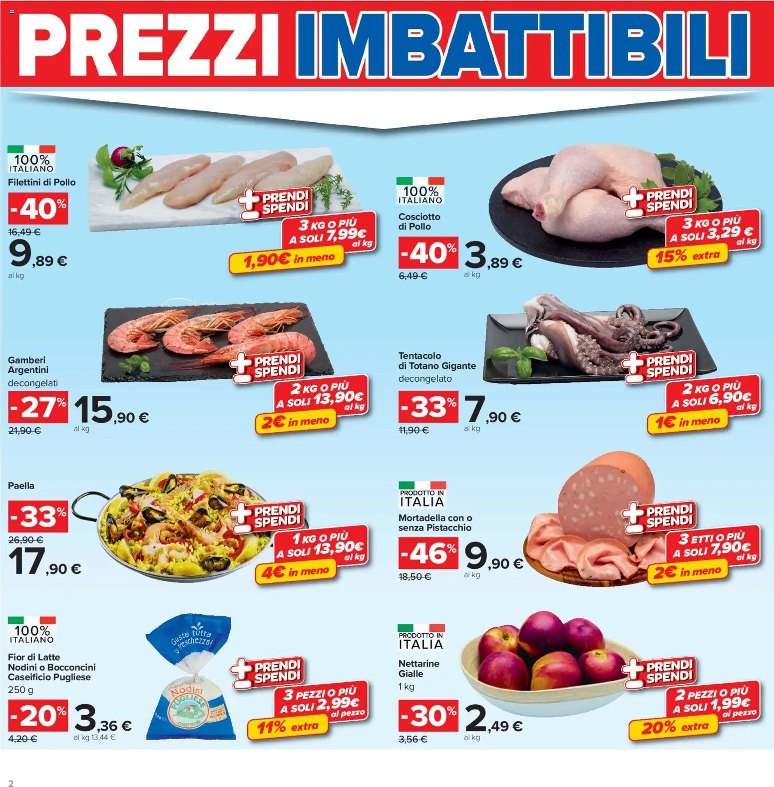 Volantino Carrefour del 16.06.2026 | Pagina: 2 | Prodotti: Pollo, Gamberi, Latte, Totano