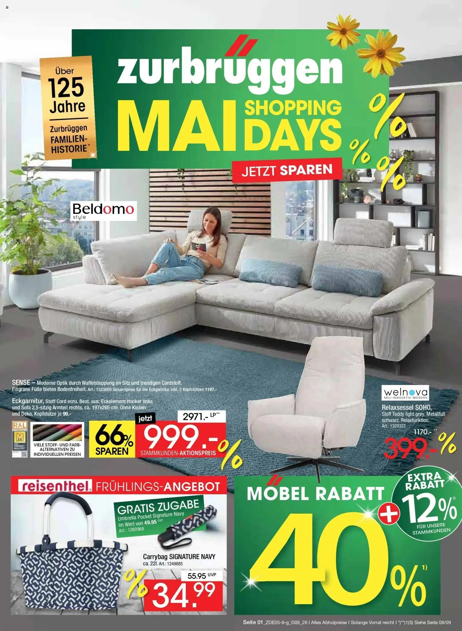 Zurbrüggen MaiDays Shopping – gültig ab 08.05.2026 | Seite: 1 | Produkte: Hocker, Relaxsessel, Kissen, Sofa
