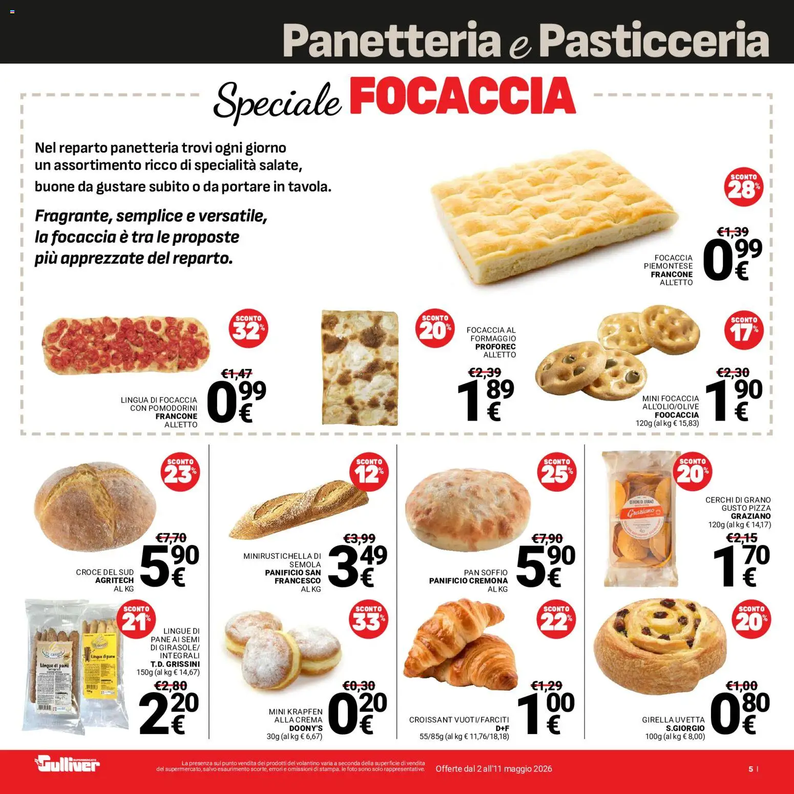 Volantino Gulliver del 02.05.2026 | Pagina: 5 | Prodotti: Pomodorini, Crema, Focaccia, Croissant