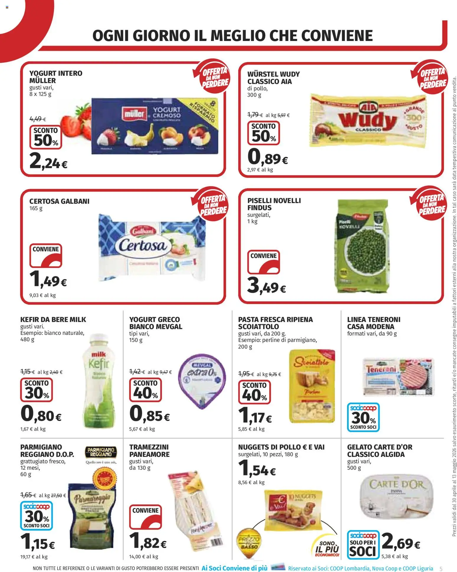 Volantino COOP del 30.04.2026 | Pagina: 5 | Prodotti: Yogurt greco, Nuggets, Wurstel, Parmigiano