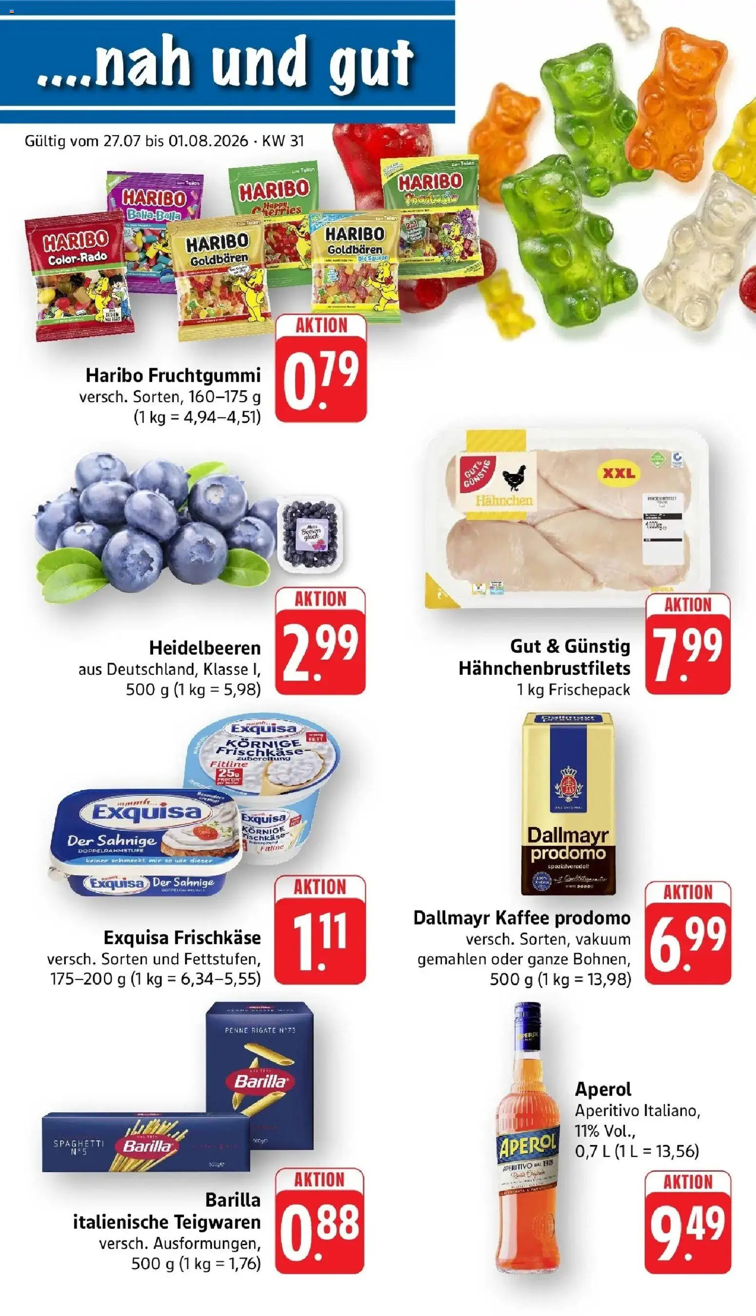 nah & gut Prospekt Sinsheim – gültig ab 27.07.2026 | Seite: 1 | Produkte: Hahnchen, Barilla, Heidelbeeren, Frischkase