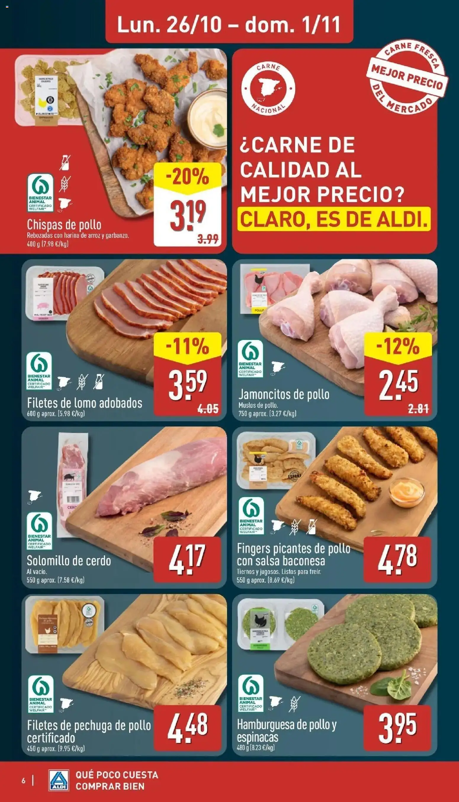 Aldi - Qué poco cuesta comprar bien │ válido desde el 26/10/2026 | Página: 6 | Productos: Cerdo, Hamburguesa, Muslos de pollo, Nuggets