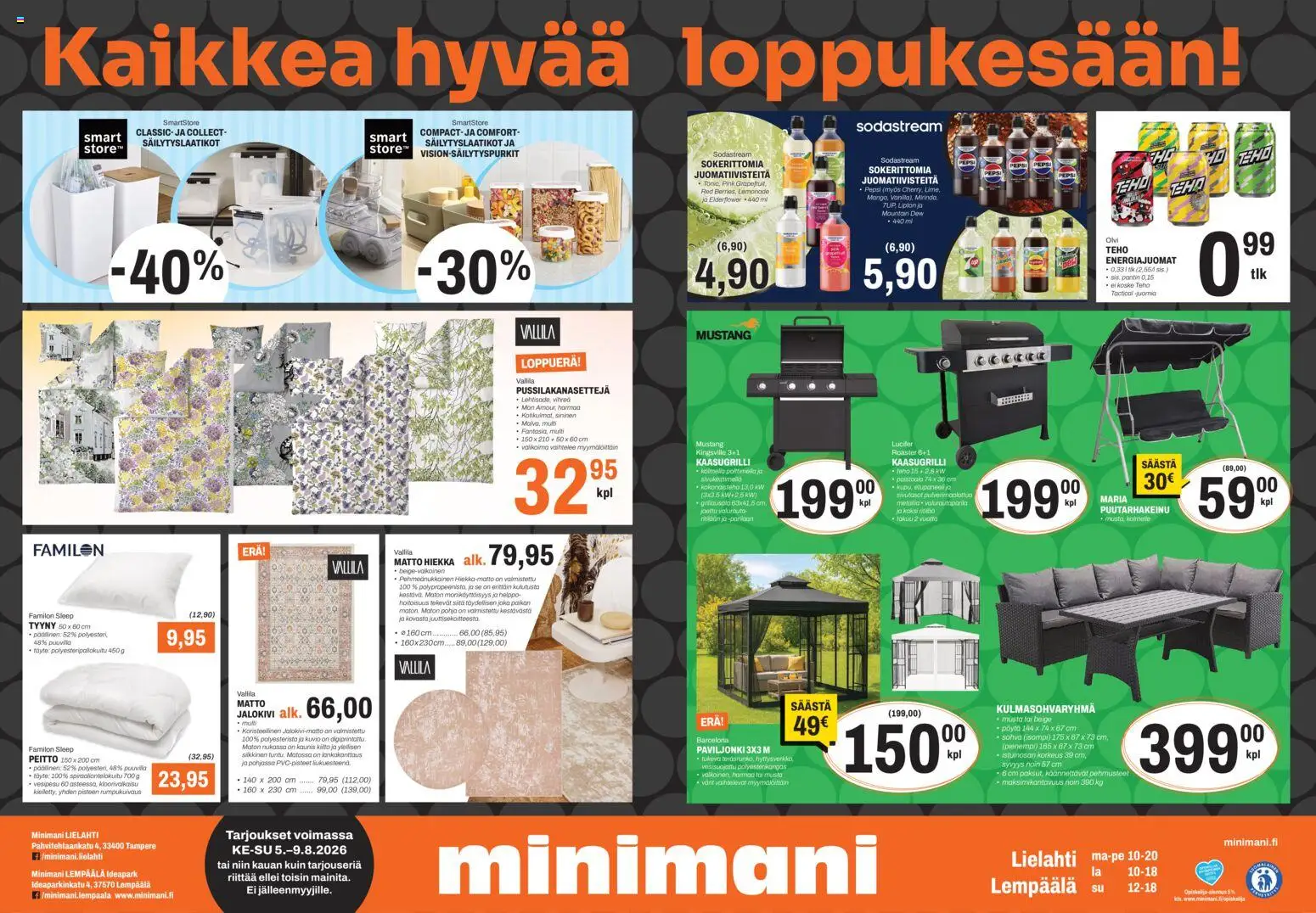 Minimani - Minimani Lempäälä – voimassa 05/08/2026 alkaen | Sivu: 1 | Tuotteet: Kaasugrilli, Sohva, Sodastream, Pepsi